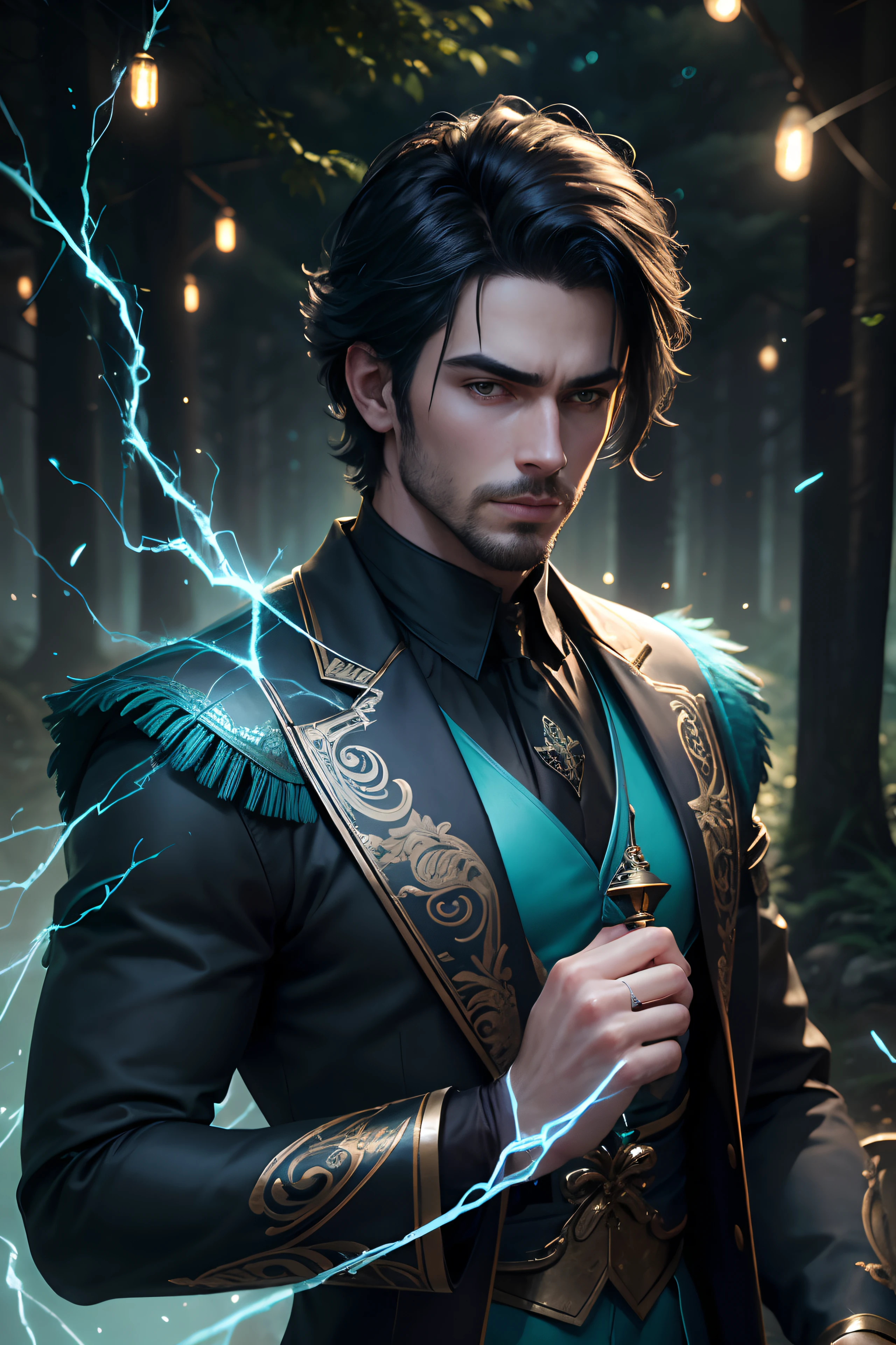 8K,Photorealsitic, Raw photography, top-quality;1.4) , (One adult male), Super handsome without a beard, (Lifelike face), blue-black hair, Handsome prince, Cyan silk robe, green decoration, glares, holding a staff, forests, realisitic, Precise details, unrealengine, Beautiful expression, Details of each part, electricity glows in the palm(effect), super high resolution, A hyper-realistic, attractive male, real looking skin, Fantasy Emperor, Handsome man, wind magic, water magic, forest at night, stars in the sky, (straight short hair), goatee, silk floating clothes, lots of fireflies