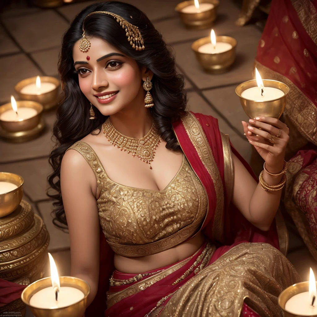 (masterpiece Portrait Photography:1.3) of a ravishing tall curvy seductress Kalyani Priyadarshan celebrating Diwali by lighting Diyas outside in a elegant Lane, wearing elegant Lehenga and Choli, (ravishing glossy wavy backlit hair),lots of diyas, (big intricate eyes:1.3), (bright smile:1.3) soft dramatic lighting, Diwali decorations, lanterns, children celebrating Diwali, backlit, light rays, highly detailed, trending on artstation, paint splashes, rich colour, festive portrait, by Ron Hicks