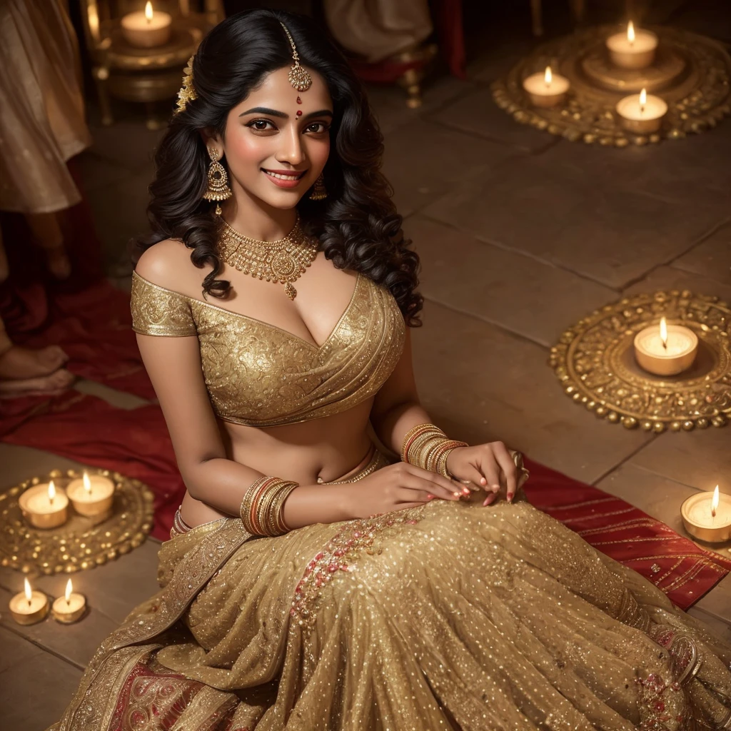 (masterpiece Portrait Photography:1.3) of a ravishing tall curvy seductress Kalyani Priyadarshan celebrating Diwali by lighting Diyas outside in a elegant Lane, wearing elegant Lehenga and Choli, (ravishing glossy wavy backlit hair),lots of diyas, (big intricate eyes:1.3), (bright smile:1.3) soft dramatic lighting, Diwali decorations, lanterns, children celebrating Diwali, backlit, light rays, highly detailed, trending on artstation, paint splashes, rich colour, festive portrait, by Ron Hicks