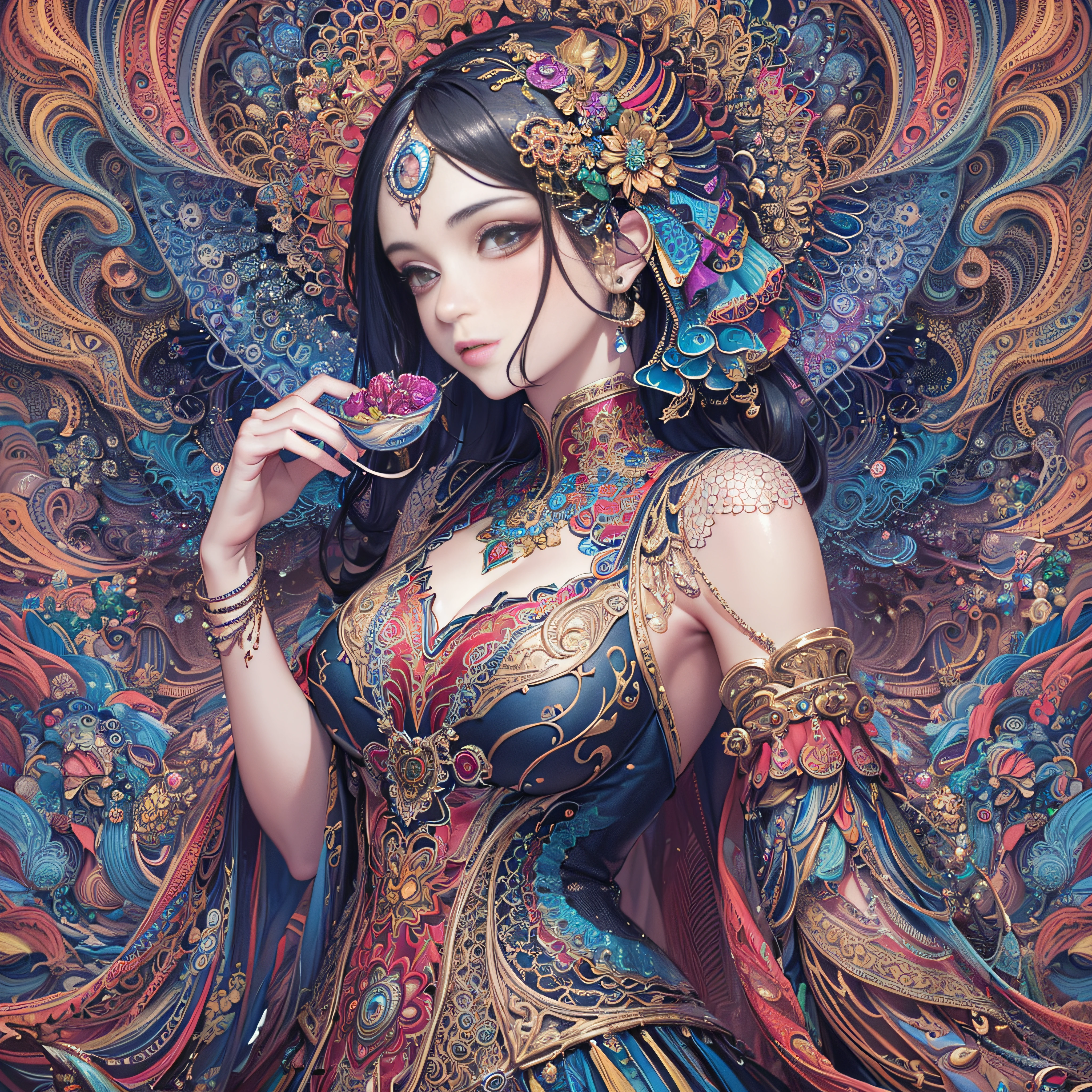((highest quality)),(ultra high resolution),(Super detailed),(detailed description),((best CG)),(best work of art),super precision art,great drawing art,(Art with precise details:1.5), (1 woman:1.5),colorful corset dress:1.6,beautiful and well-shaped face:1.5,natural makeup:1.5,detailed jewelry:1.4,thin waist:1.3,Beautiful leg lines:1.4,high heels:1.4,