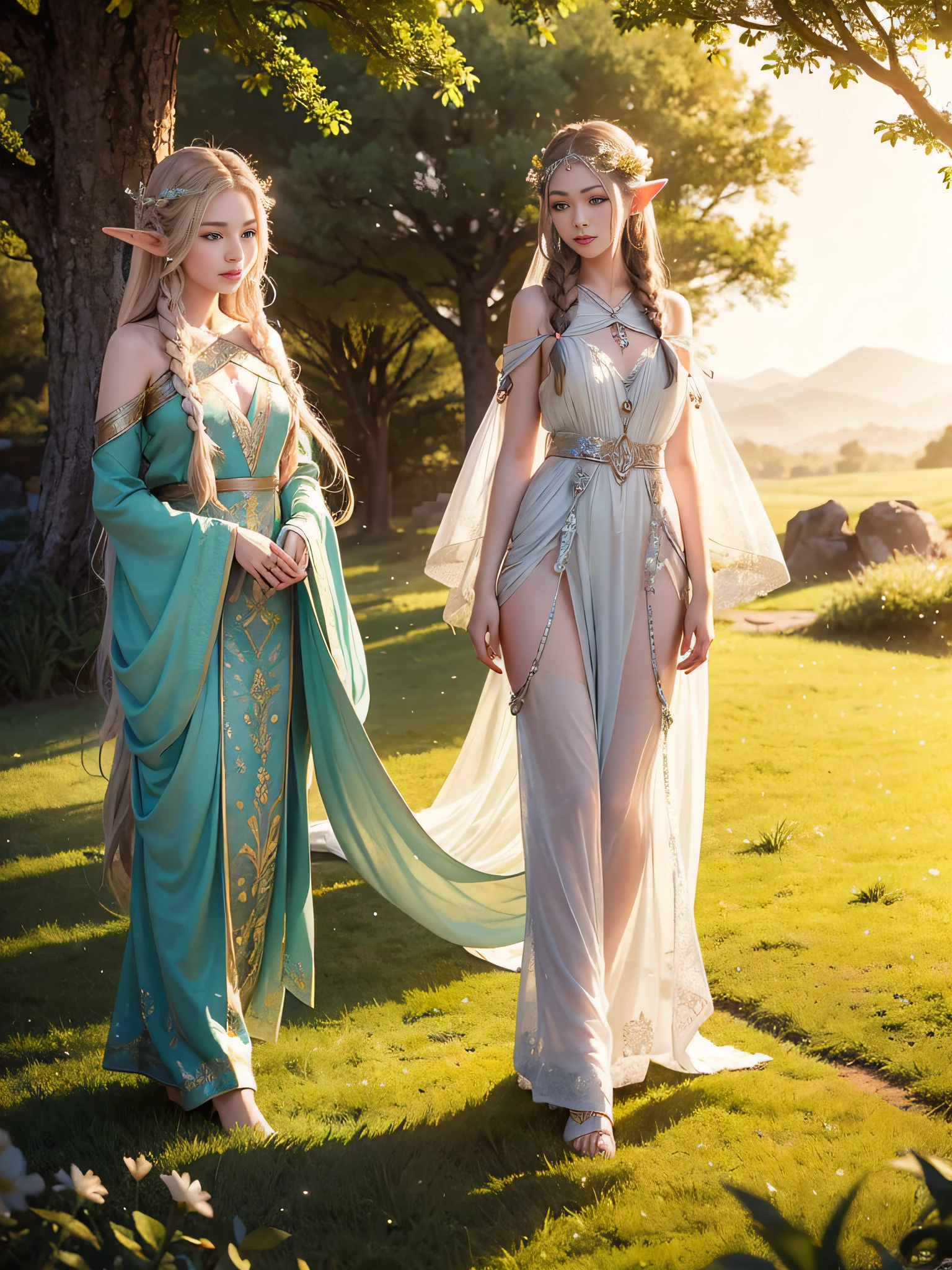 Graceful elven girl standing in meadow, Delicate face illuminated by the soft light of the setting sun. Her long, Flowing hair runs down your back, Decorated with intricate braids、Adorned with sparkling gemstones. This great photo is、、、It captures the ethereal beauty of elves. Slender figure in silk dress、Swaying in the soft steppe breeze. Attention to detail、Face that is、Face that is、Face that is、Face that is、It is evident in the intricate patterns of the dress and the subtle highlights of the luminescence. skin. The breathtaking portrayal of the elven girl is、、、、、Create an enchanting atmosphere、It invites the viewer to a magical world.