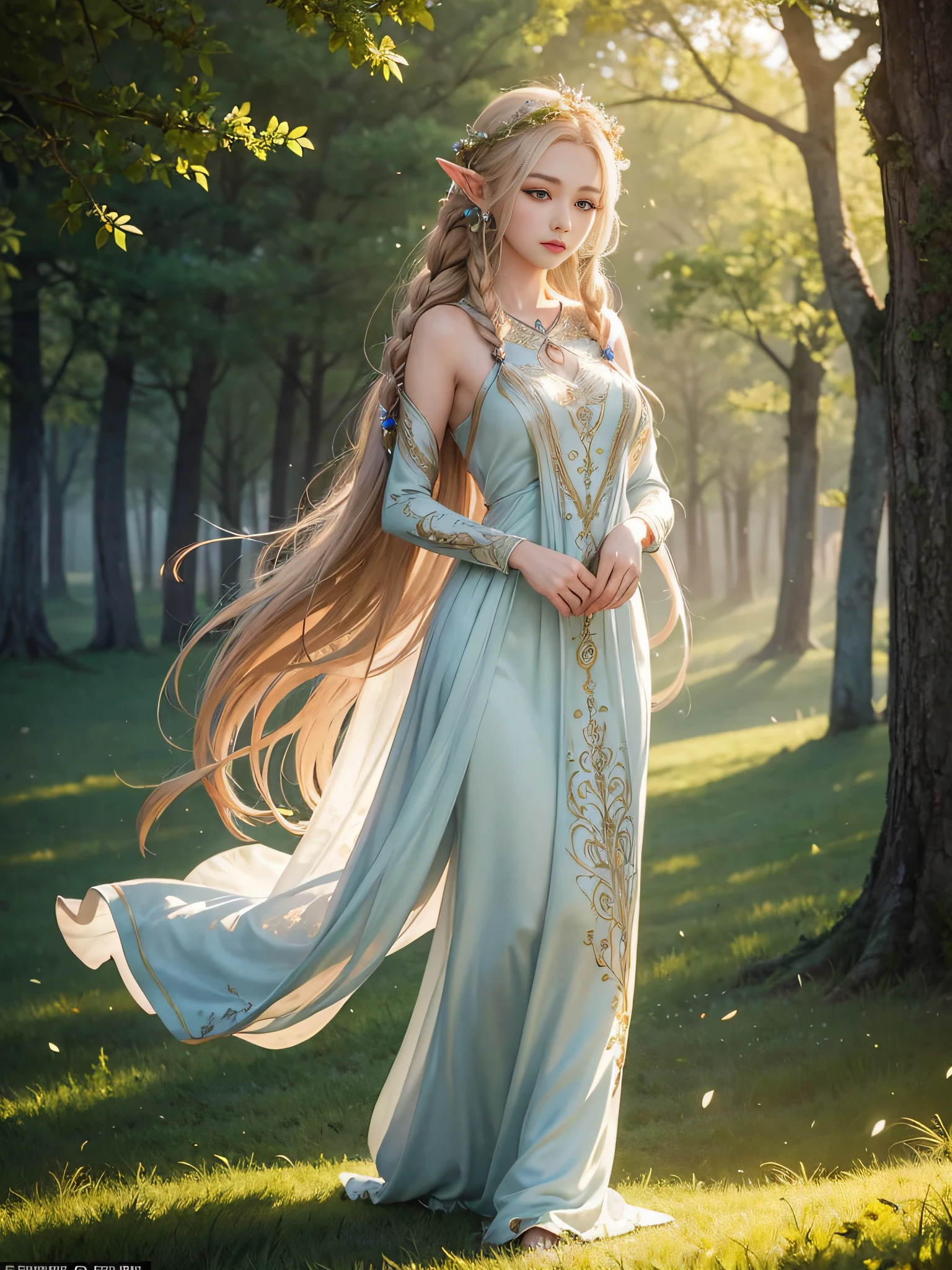 Graceful elven girl standing in meadow, Delicate face illuminated by the soft light of the setting sun. Her long, Flowing hair runs down your back, Decorated with intricate braids、Adorned with sparkling gemstones. This great photo is、、、It captures the ethereal beauty of elves. Slender figure in silk dress、Swaying in the soft steppe breeze. Attention to detail、Face that is、Face that is、Face that is、Face that is、It is evident in the intricate patterns of the dress and the subtle highlights of the luminescence. skin. The breathtaking portrayal of the elven girl is、、、、、Create an enchanting atmosphere、It invites the viewer to a magical world.