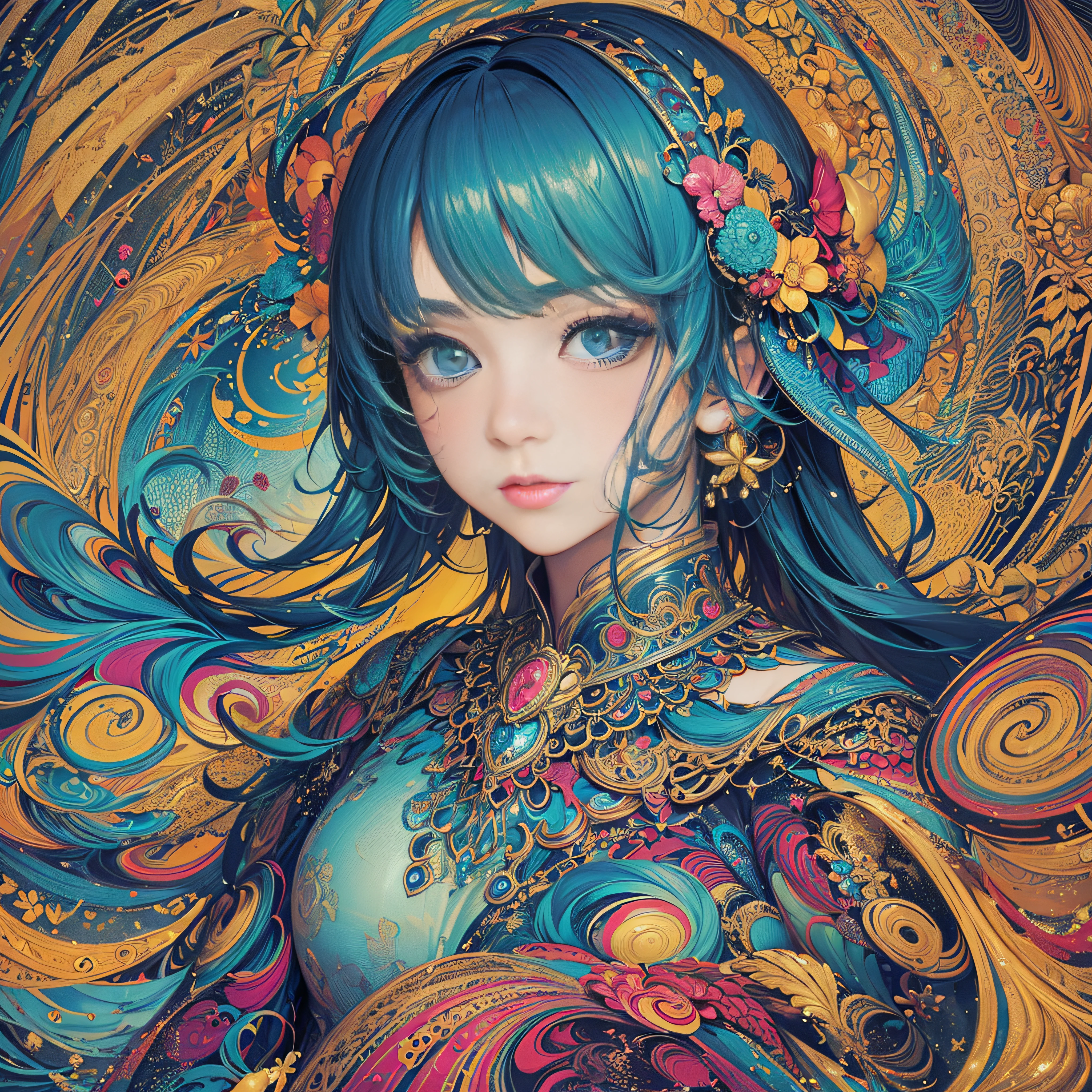 (​masterpiece、top-quality、top-quality、Official art、Beautifully Aesthetic:1.2)、Highly detailed fractal art、(colourfull:1.5)、highest details、Zentangle、a closeup、 (1girl in:1.5), 独奏, (dynamicposes), (Abstract background:1.5), (shinny skin),
