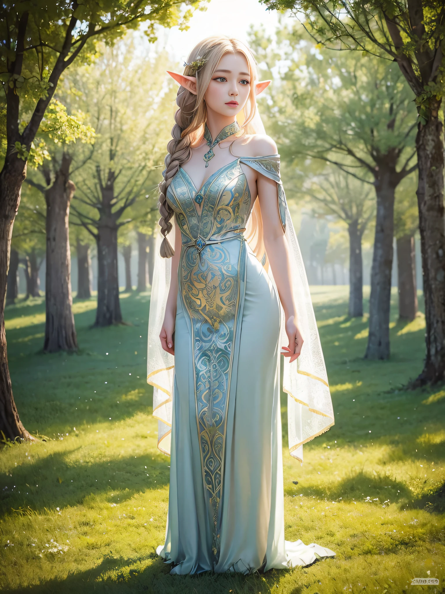 Graceful elven girl standing in meadow, Delicate face illuminated by the soft light of the setting sun. Her long, Flowing hair runs down your back, Decorated with intricate braids、Adorned with sparkling gemstones. This great photo is、、、It captures the ethereal beauty of elves. Slender figure in silk dress、Swaying in the soft steppe breeze. Attention to detail、Face that is、Face that is、Face that is、Face that is、It is evident in the intricate patterns of the dress and the subtle highlights of the luminescence. skin. The breathtaking portrayal of the elven girl is、、、、、Create an enchanting atmosphere、It invites the viewer to a magical world.