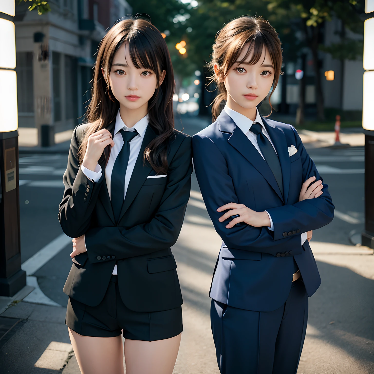 (masutepiece, Best Quality:1.2), 8K, Official art, Full body photo, full body Esbian、Emma fastening her tie.trouser、Cute smile、feet shoulder-width apart、slender and neat legs、Standing、A dark-haired、14years、small tits、A delightful、A smile、unbelievable Ridiculous, (Upper body, Dark blue suit:Cute Tie 1.4), Beautiful Girl, Pretty Face, arching back down, cute butt、Gold hair ornament on hair、Wearing a cute suit、Decide on a pose、close up, Wearing a suit, Short sleeve, gardenia, violaceaess, Teen, mysterious background, Looking at Viewer, Film grain, chromatic abberation, Sharp Focus, face lights, Dynamic lighting, Cinematic lighting, Eyes and faces with detailed, Bokeh background, (Tie with Emma written on it、1 copy:1.2)