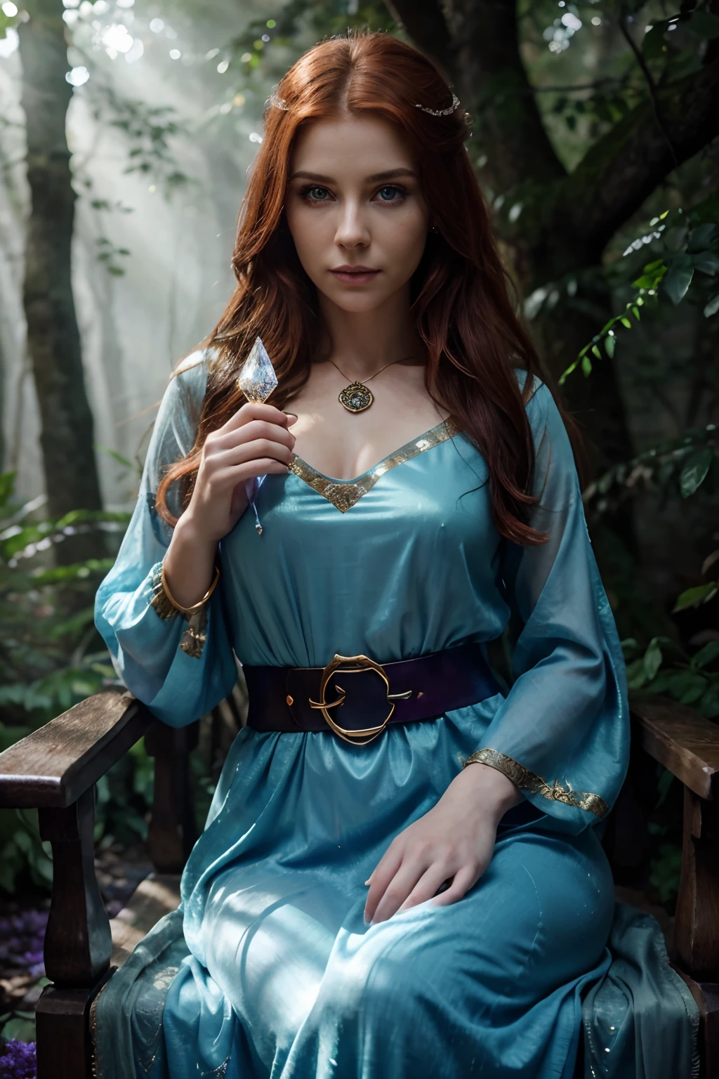 Triss Merigold, sitting on chair best quality,highres,ultra-detailed,(realistic:1.37),beautiful detailed eyes,beautiful detailed lips,extremely detailed eyes and face,longeyelashes,(HDR:1.1),(vivid colors:1.1),(sharp focus:1.1),(physically-based rendering:1.1),portrait,sorceress,red hair,distinctive white streak,intricate gold jewelry,elven heritage,blue eyes,confident expression,fierce,standing in a magical forest,against a backdrop of ancient trees and mist,holding a wooden staff with glowing crystal orb on top,wearing a flowing dress made of shimmering fabric,soft sunlight filtering through the leaves,casting a warm and ethereal glow on her,eerie blue and purple hues surrounding her,illuminating her with a mystical aura.