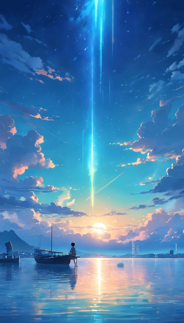 Vast night，the beautiful skyline，A large ocean，Intense and dramatic imagery，the moving visual effects，High hanging moon，Colorful natural light。A little boy sits on a lonely boat，Look at the cyan Kong Ming lanterns floating in the sky，The entire night sky is covered in cyan