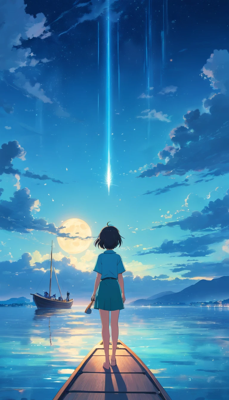 Vast night,the beautiful skyline,A large ocean,Intense and dramatic imagery,the moving visual effects,High hanging moon,Colorful natural light。A sits on a lonely boat,Look at the cyan Kong Ming lanterns floating in the sky,The entire night sky is covered in cyan