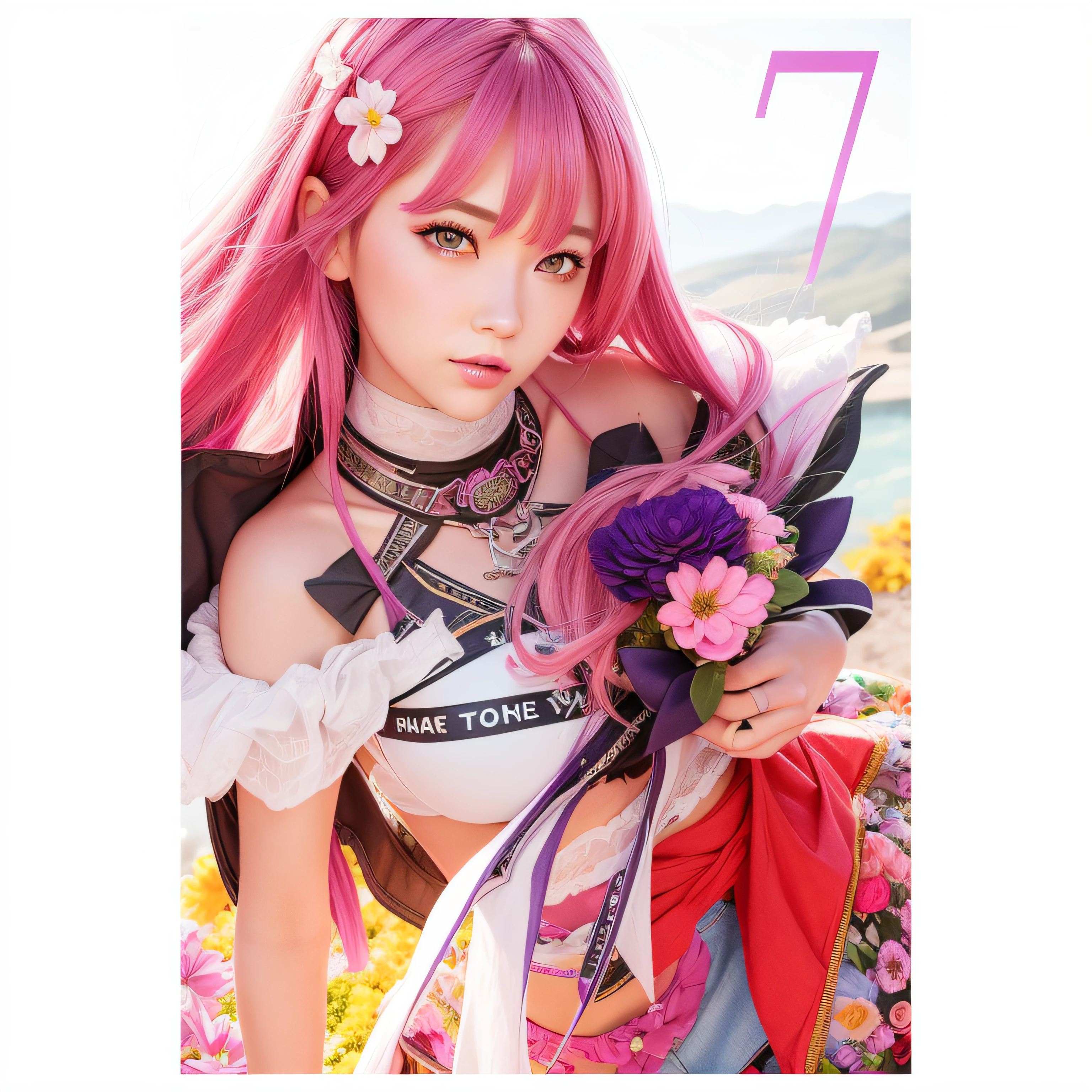 realistic, 1girl, pink purple hair, purple eyes, glowing eyes, crop top, skirt, parted lips, blush, night, flowers, sun, sunlight, Shangri-La Frontier