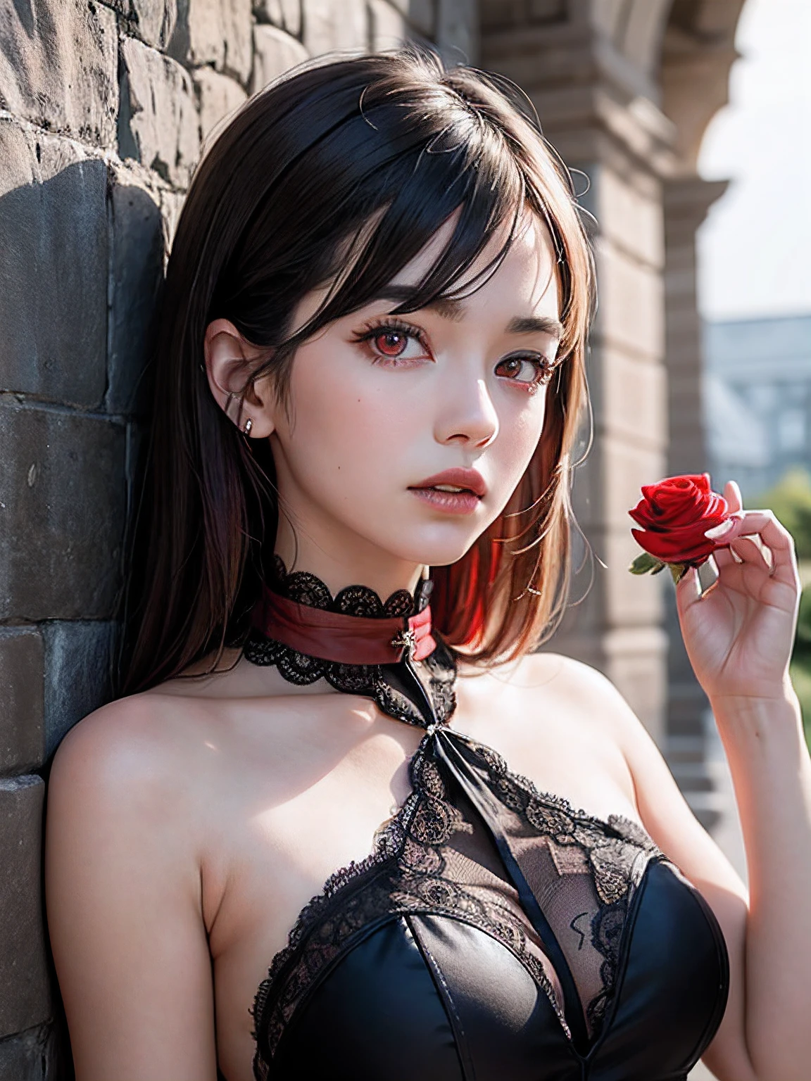 8k, masterpiece, best quality, photorealistic, raw photo, ultra high definition, 1 woman, ((red eyes:1.4)), long messy red hair, pale skin, medium breasts, very low cut sheer gown with lace trim, black lace choker with a diamond pendant, standing against a wall, sad expression, head angled down, eyes looking at viewer, mouth open slightly, (black lipstick), holding a rose in her right hand, medieval castle wall background