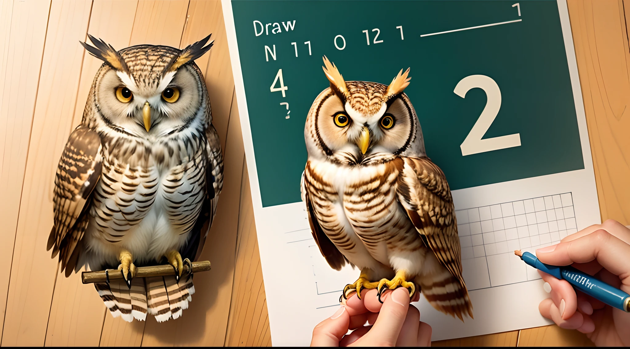 Draw a number 4 with an owl hanging on the number