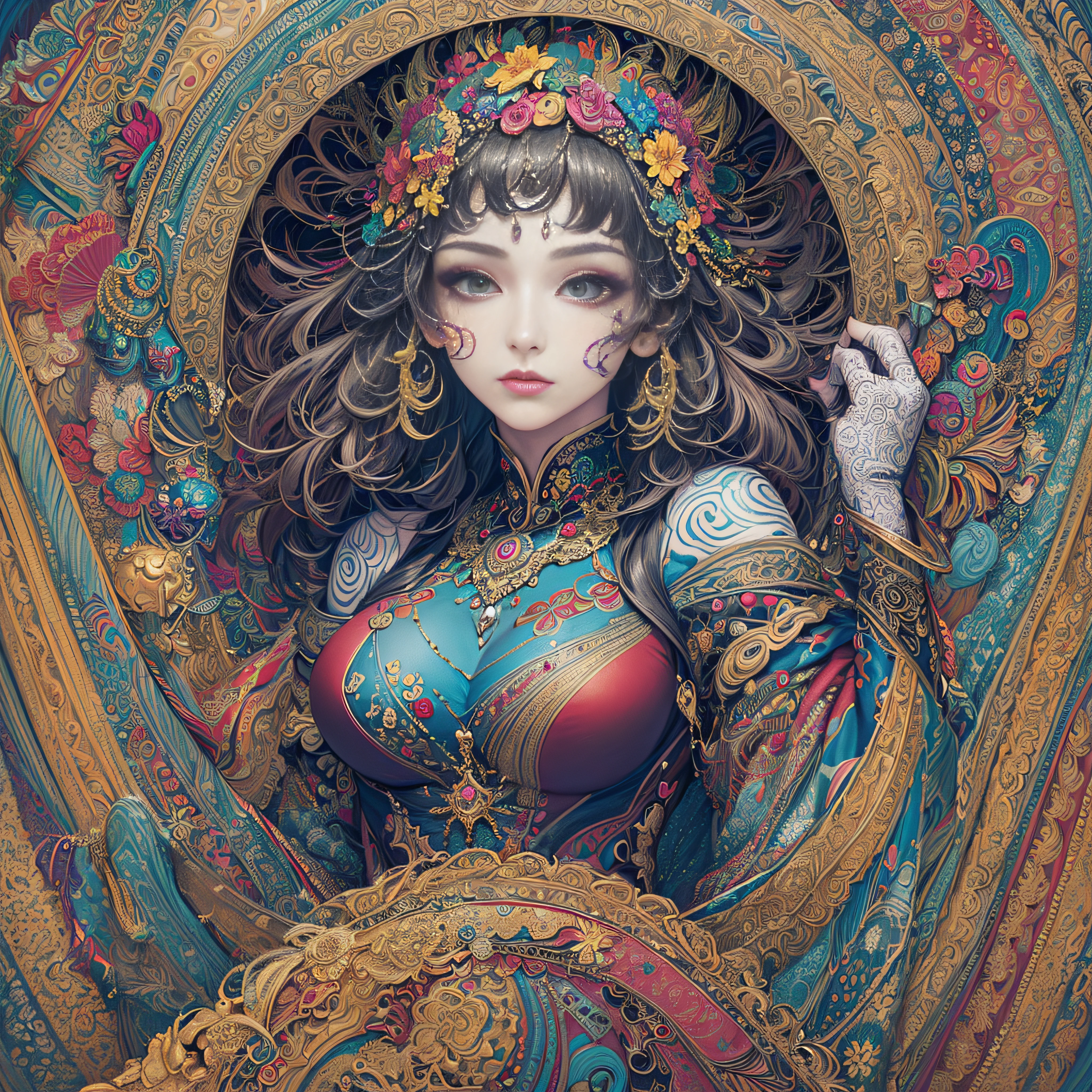(masterpiece, top quality, best quality, official art, beautiful and aesthetic:1.2), (1girl:1.3), extremely detailed,(fractal art:1.2),colorful,highest detailed,(zentangle:1.2), (dynamic pose), (abstract background:1.5), (treditional dress:1.2), (shiny skin), (many colors:1.4), upper body