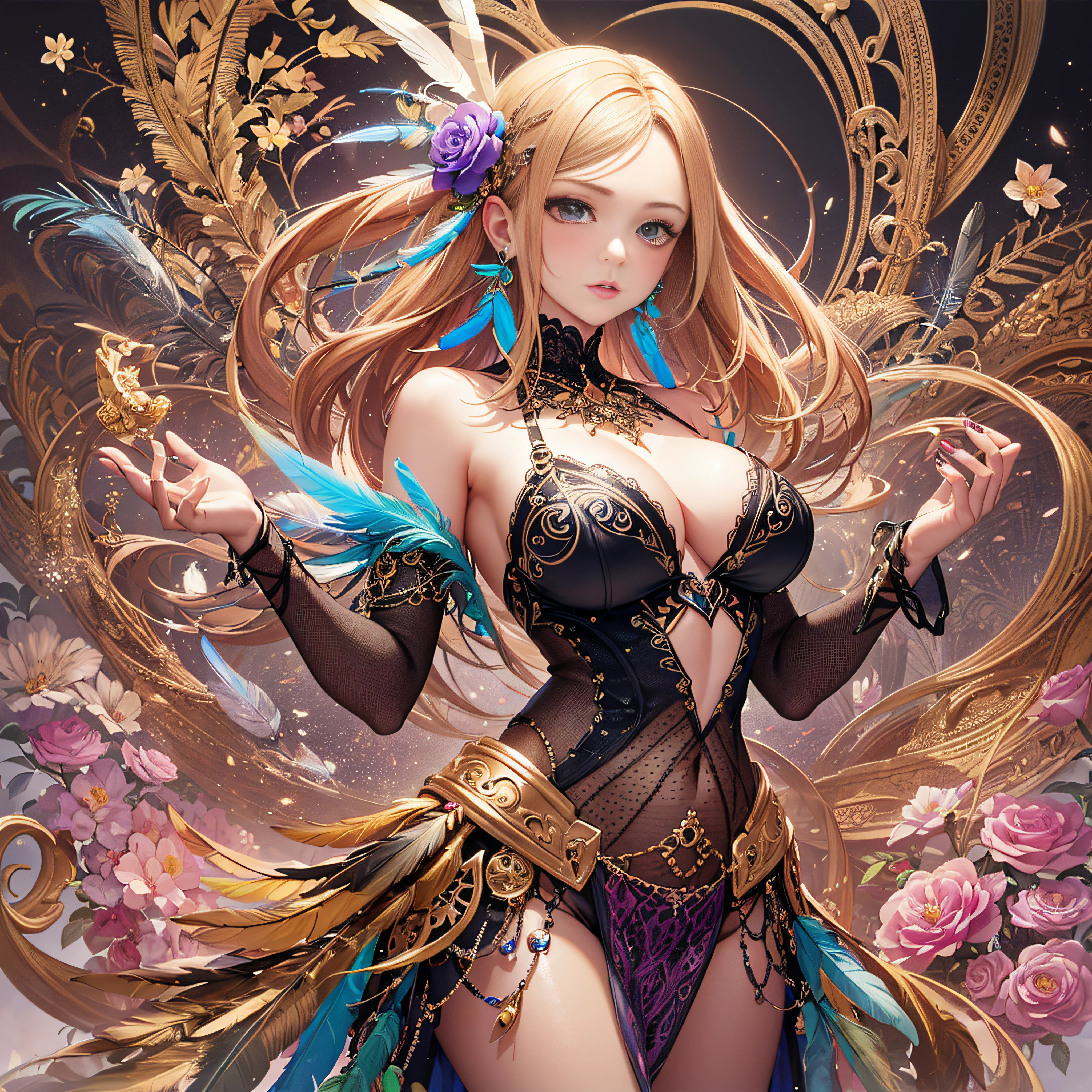 girl with, Big breasts, Bare shoulders, Blonde hair, colorful feather, metal ornaments, Colorful flowers, Particle, light, (masutepiece, of the highest quality, Best Quality, Official art, Beautiful and aesthetic:1.2), (1girl in:1.3), Extremely detailed, (Fractal Art:1.1), ( Colorful:1.1)(Flowers:1.3),highest details,(Zentangle:1.2), (Dynamic Pose), (Abstract background:1.3), (Shiny skin), (Many colors:1.4), (earrings:1.4), (Feathers:1.4), Full body image