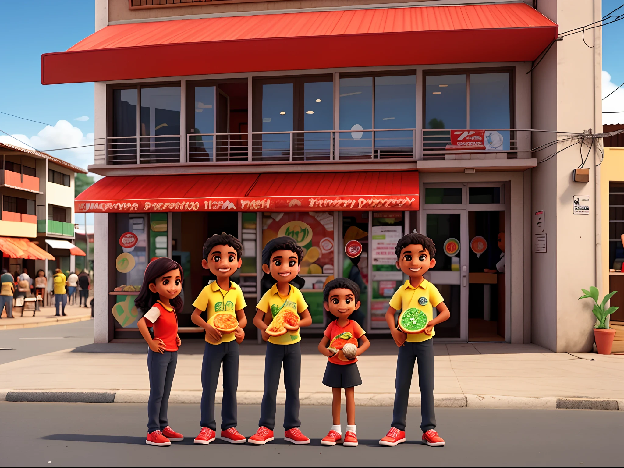 Happy Brazilian family picking up a pizza in a pizzeria with a black façade and a red banner and behind it a beautiful Brazilian favela