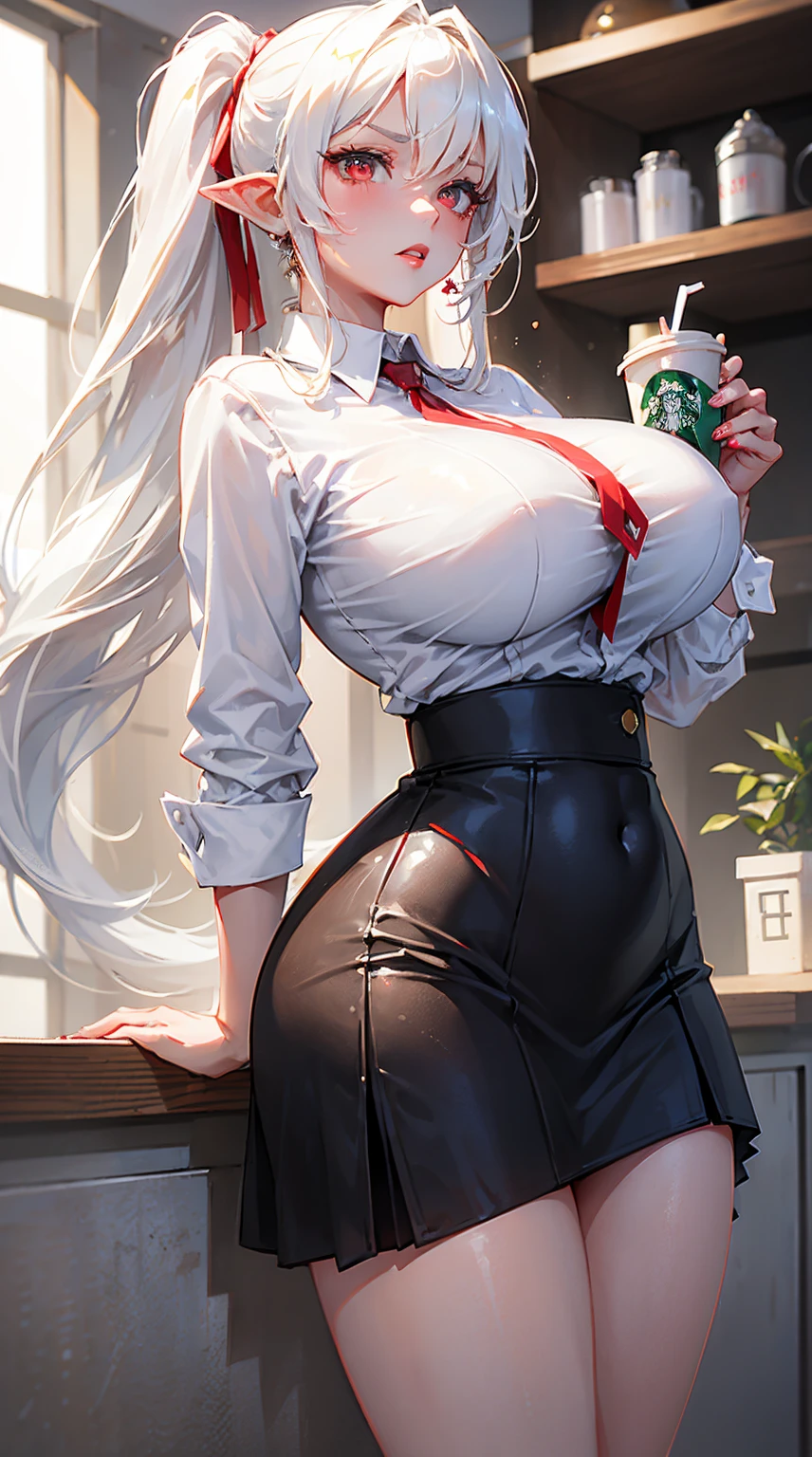 1 woman milf “"Giant breasts" + "large rear" + "wide hips" + "plump thighs" + "red eyes" + Pointy ears + drinking starbucks coffee + (("serious expression")) + "Long white Hair in a two ponytails" + "Red Lips" + "Lucious Lips"”)}, {“Outfit”: White shirt, tight black skirt})