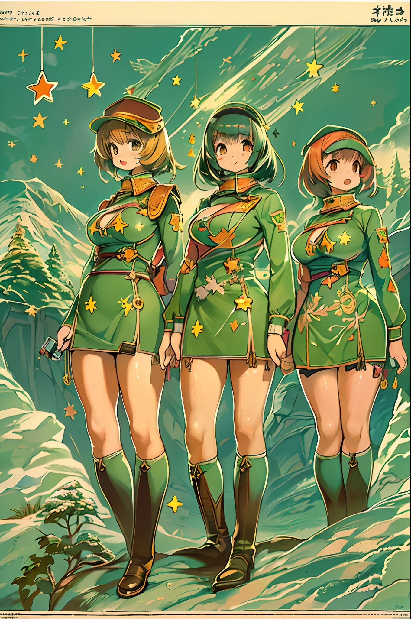 (masutepiece), (Best Quality), (Best Detail), (Distant general perspective), (Edge Wear Paper),(The main color of the illustration: jade green), (Secondary color: cinnamon), Group of very beautiful girls with sexy posture, Very detailed face, Vintage advertising poster with futuristic style letters 60', Western futuristic landscape, Night (many stars, Moon), shading (Detailed, A lot of contrast)