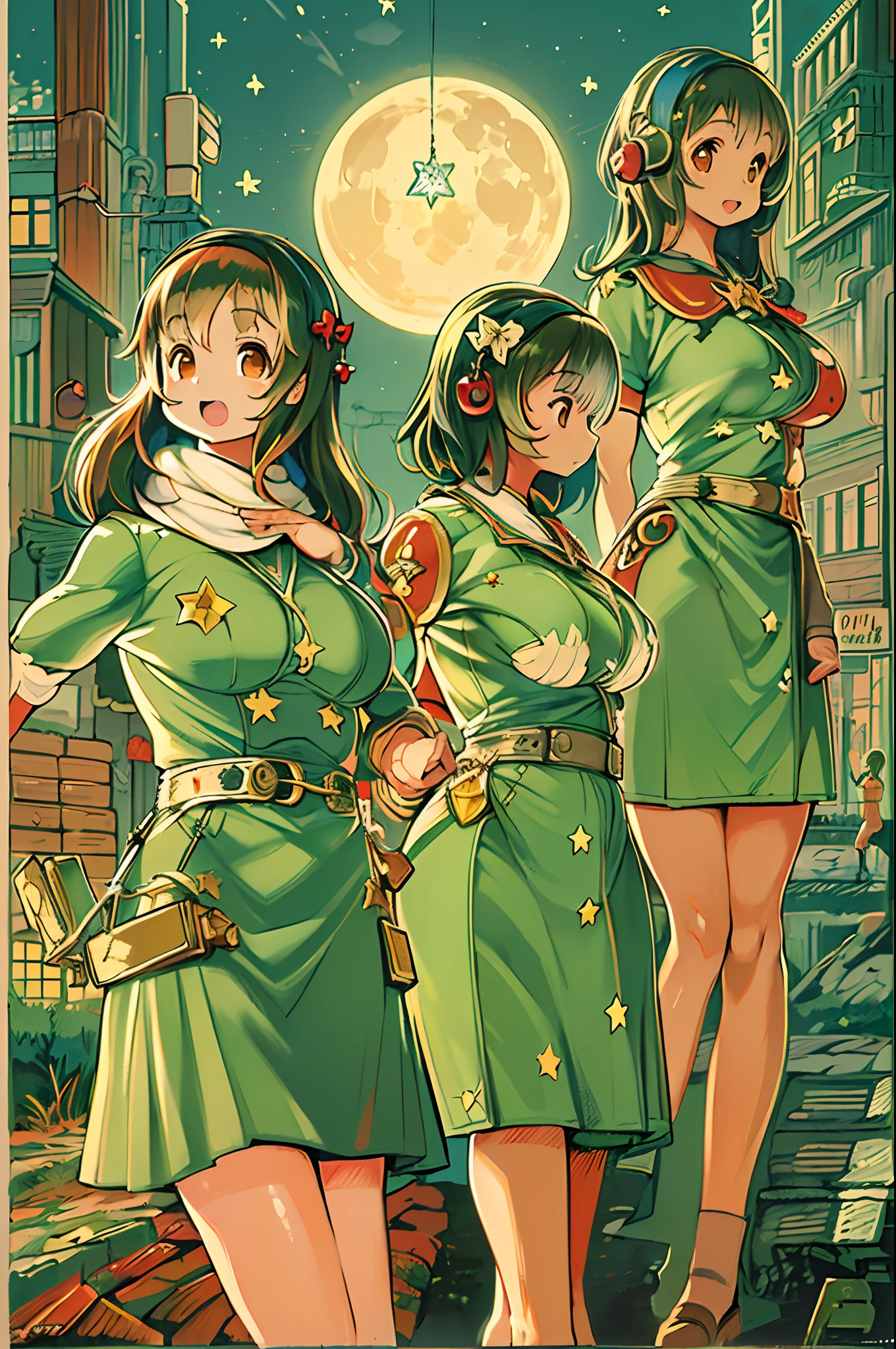 (masutepiece), (Best Quality), (Best Detail), (Distant general perspective), (Edge Wear Paper),(The main color of the illustration: jade green), (Secondary color: cinnamon), Group of very beautiful girls with sexy posture, Very detailed face, Vintage advertising poster with futuristic style letters 60', Western futuristic landscape, Night (many stars, Moon), shading (Detailed, A lot of contrast)