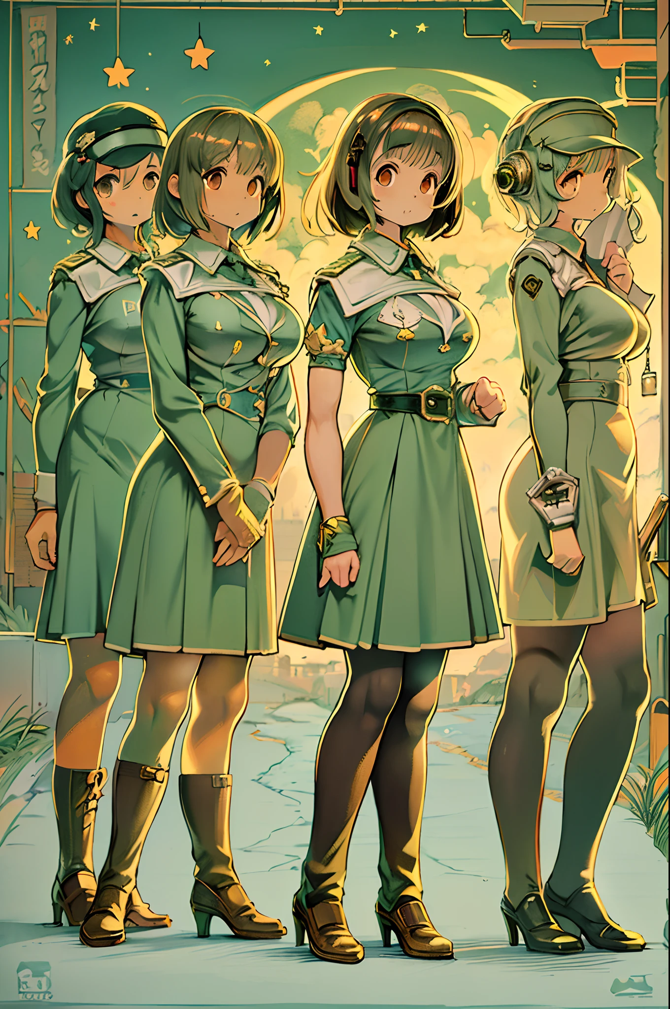 (masutepiece), (Best Quality), (Best Detail), (Distant general perspective), (Edge Wear Paper),(The main color of the illustration: jade green), (Secondary color: cinnamon), Group of very beautiful schoolgirls with sexy posture, Very detailed face, Vintage advertising poster with futuristic style letters 60', Western futuristic landscape, Night (many stars, Moon), shading (Detailed, A lot of contrast)