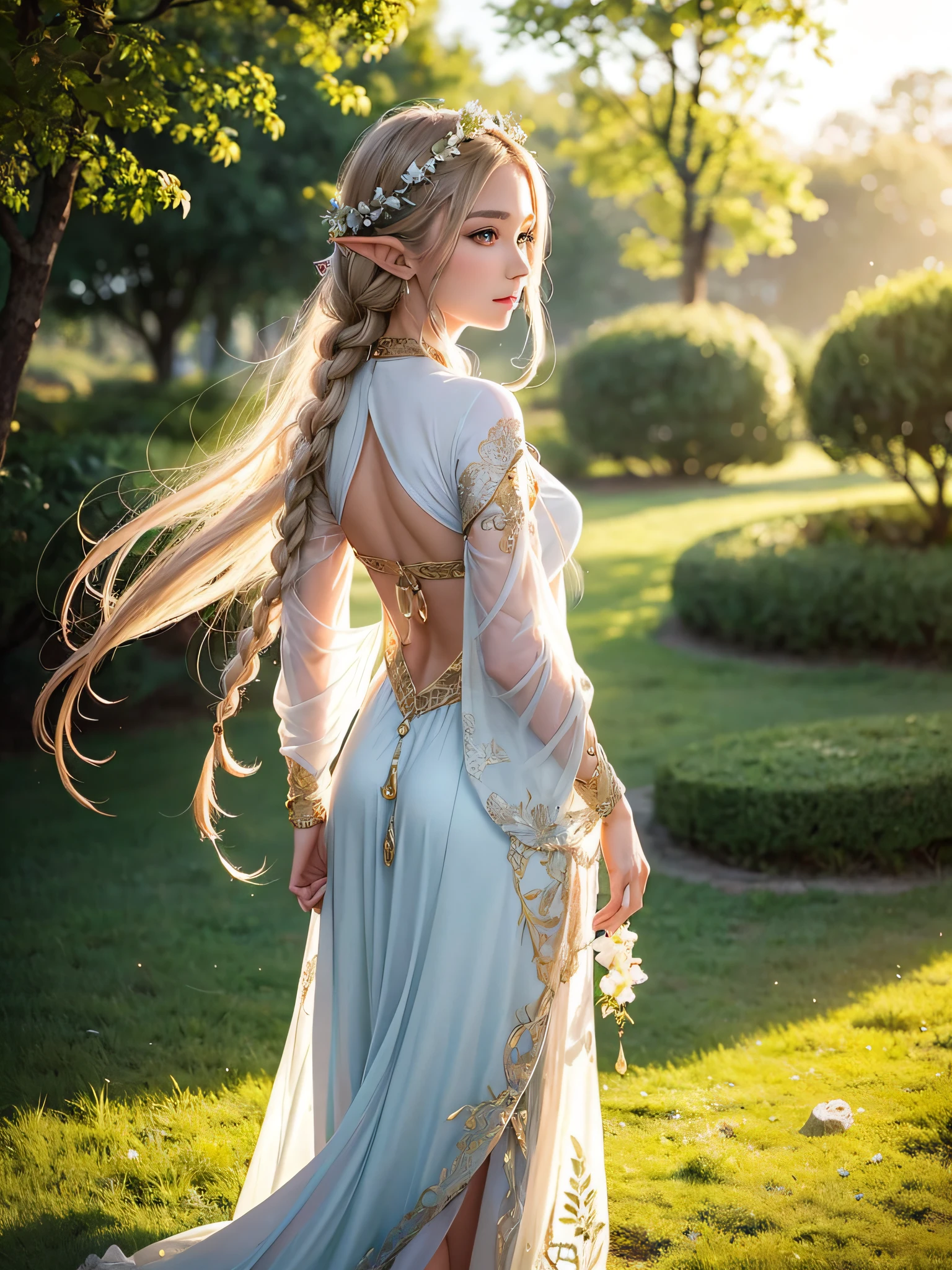 Graceful elven girl standing in meadow, Delicate face illuminated by the soft light of the setting sun. Her long, Flowing hair runs down your back, Decorated with intricate braids、Adorned with sparkling gemstones. This great photo is、、、It captures the ethereal beauty of elves. Slender figure in silk dress、Swaying in the soft steppe breeze. Attention to detail、Face that is、Face that is、Face that is、Face that is、It is evident in the intricate patterns of the dress and the subtle highlights of the luminescence. skin. The breathtaking portrayal of the elven girl is、、、、、Create an enchanting atmosphere、It invites the viewer to a magical world.