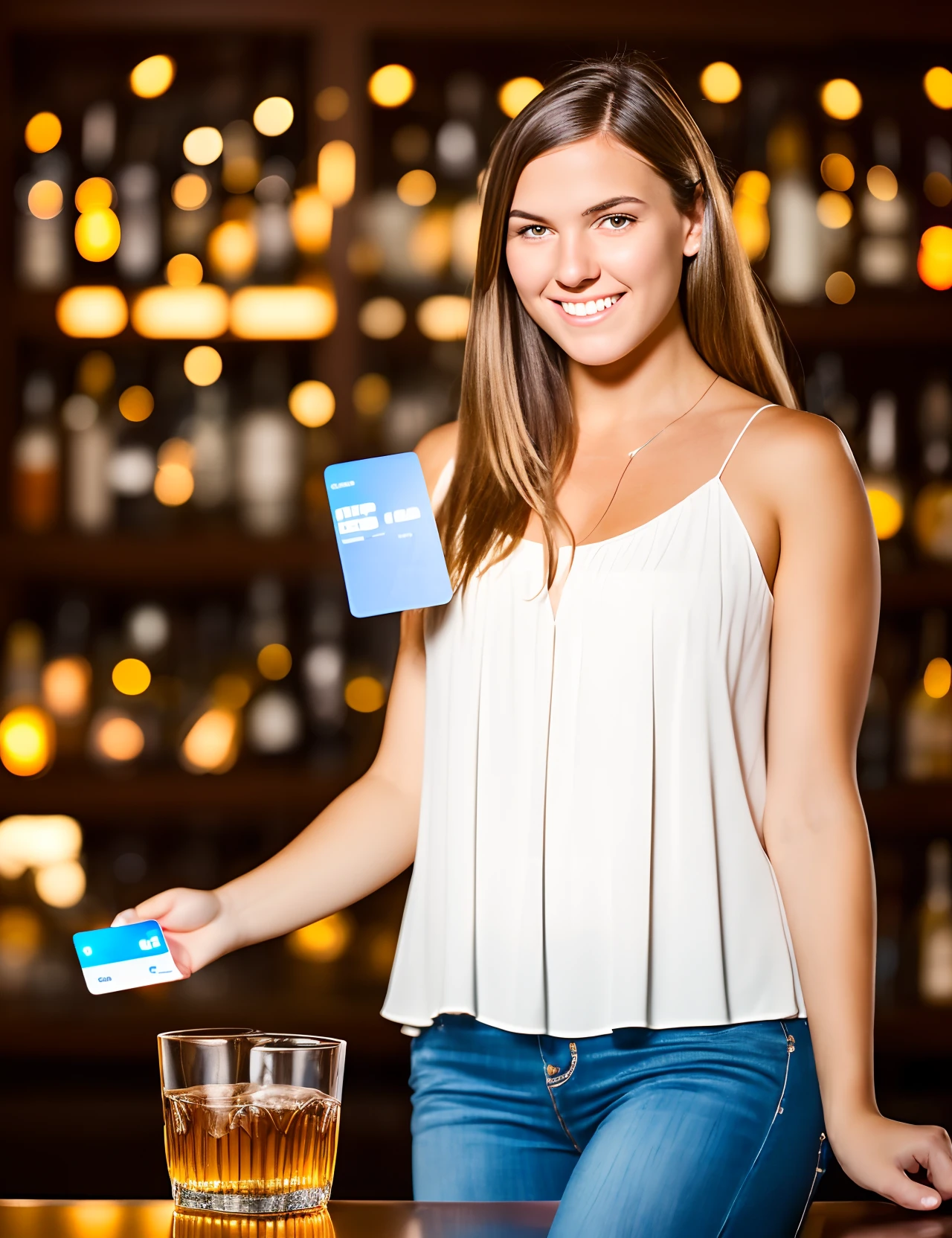 Fat college girl in dark bar holding credit card