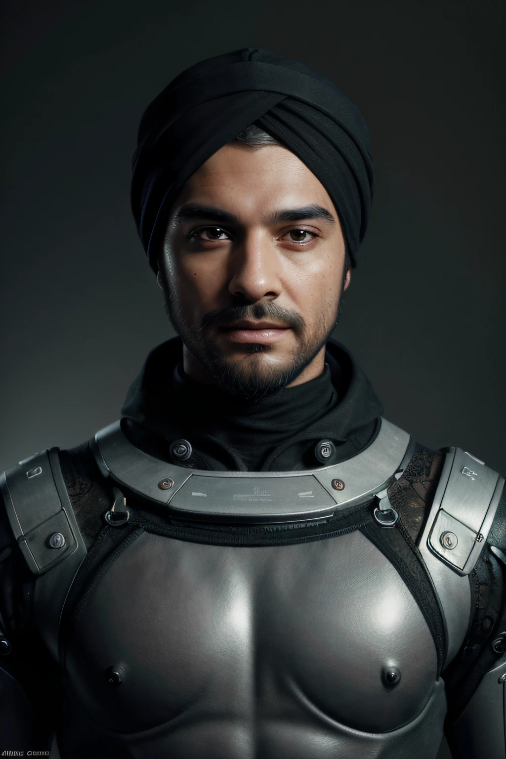 (Ultra HD, Retina Screen, Masterpiece, Accurate, Anatomically Correct, Textured Skin, Very Detailed, High Detail, High Quality, Best Quality, High Resolution, 8K), Ceramic Male Robot Face, Robot, Robot Section, Vibrant, Detail, Luxury Cyberpunk, Lace, Surrealism, Anatomy, Facial Muscles, Cables, Microchips, Elegance, Octane Rendering, HR Giger Style, (Fidelity: 1.37), Absurd, Unbelievably Ridious, Robotic, Full Body, futuristic background, an arab handsome man, head covered turban, short black beard, realistic rendering