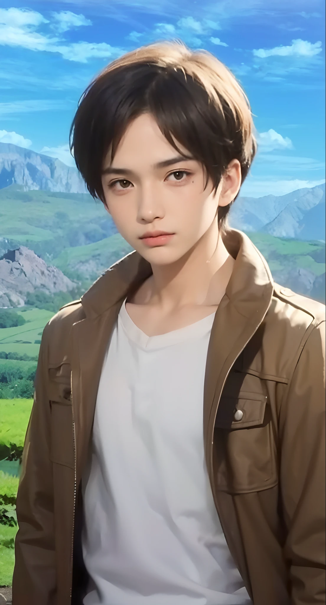 Real life adaption of this character,  Handsome face, realistic same hair, (realistic same outfit), realistic same background battlefield with black smoke, realistic light, realistic shadow, realism, hyper realistic,(photorealistic:1.2)