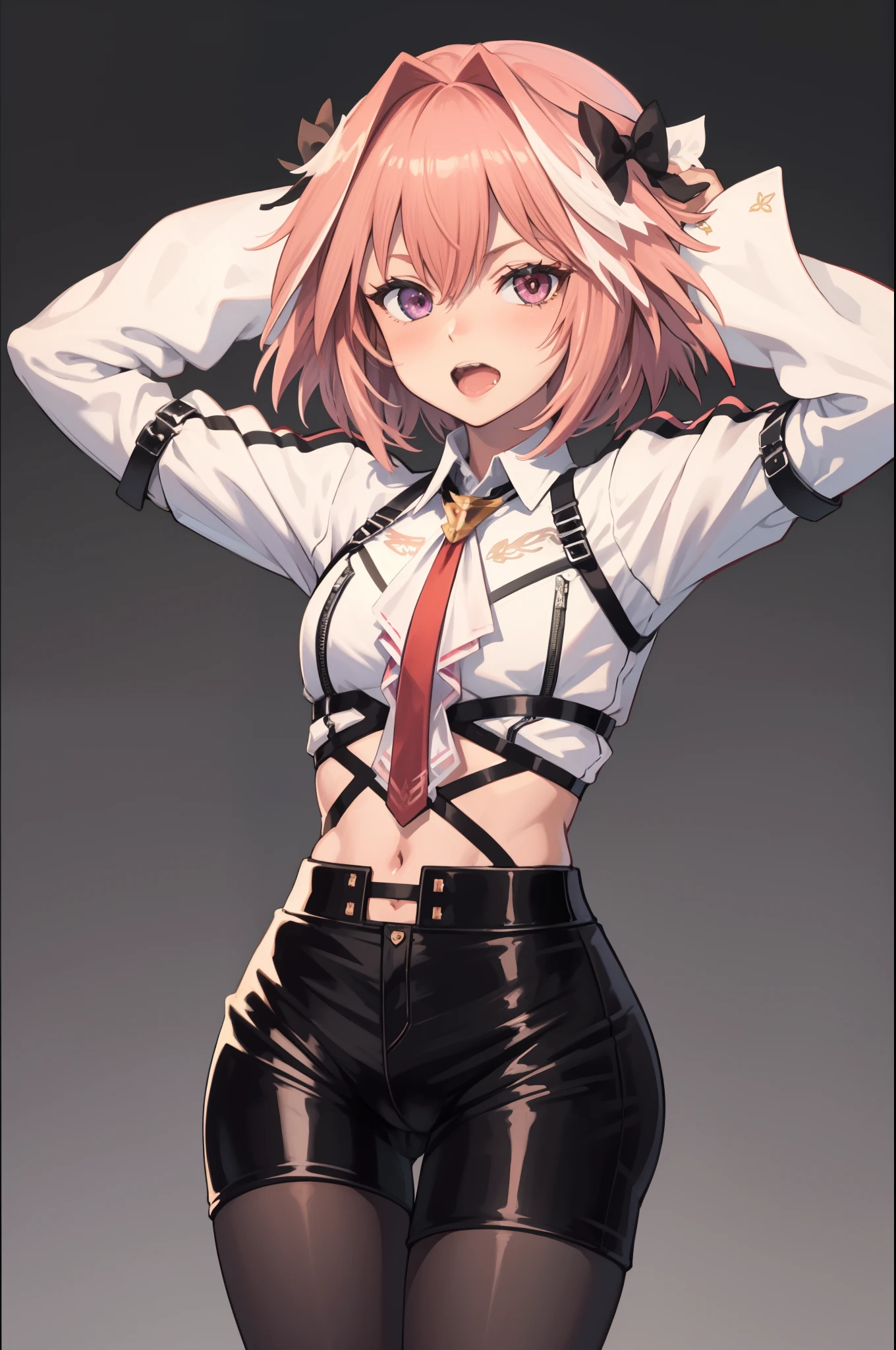 absurdres, masterpiece, best quality, (astolfo fate:1.2155), 1boy, male focus, solo, trap, pink multicolored hair, pink hair, white hair, hair intakes, long hair, pink detailed eyes, crossdressing, black panties, exposed navel,cowboy shot,white shirt, pantyhose, thigh strap,astolfo (fate), large ,Intricate Details, 4K, arms above head, bandeau, bulge,blushing