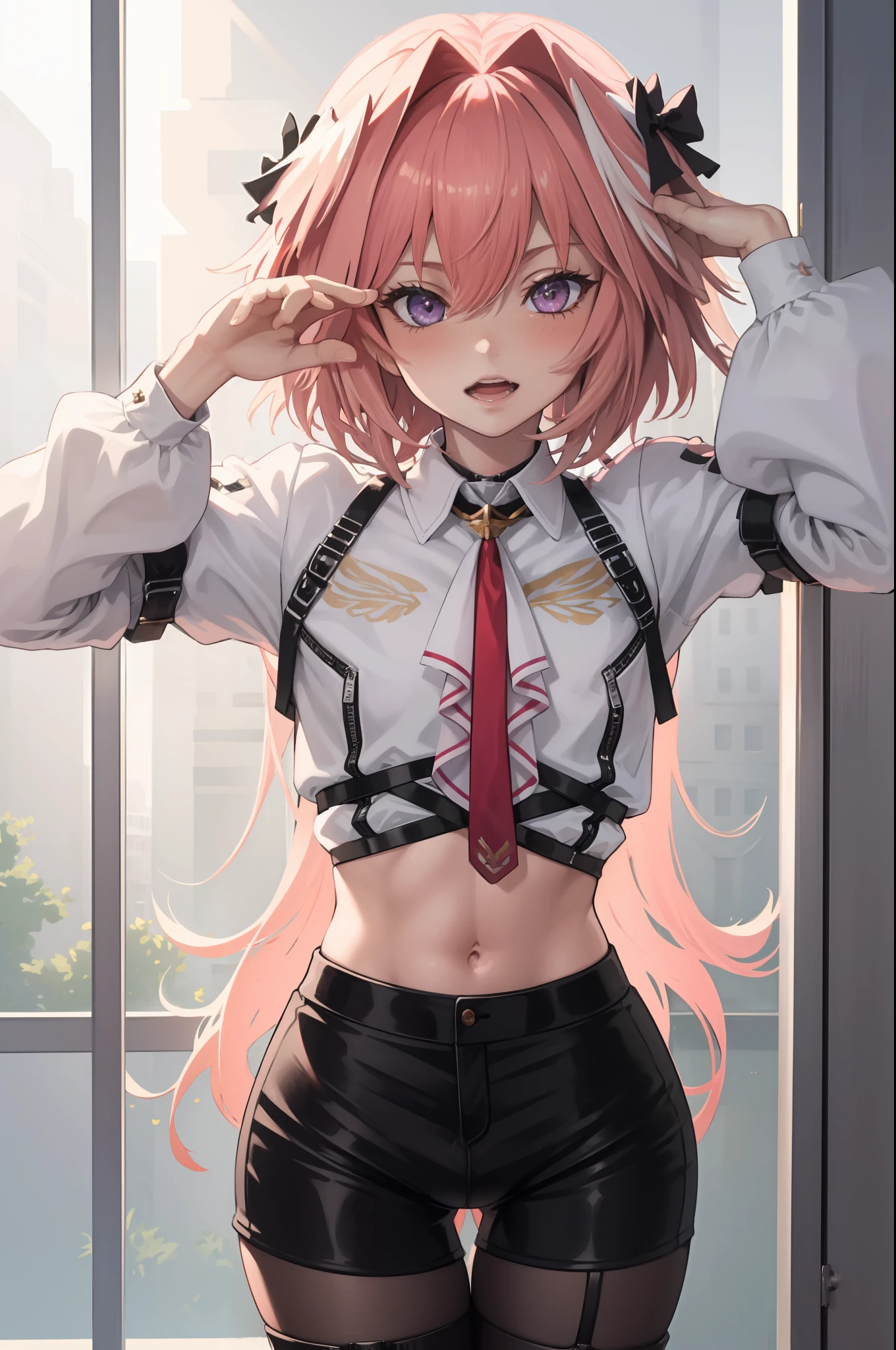 absurdres, masterpiece, best quality, (astolfo fate:1.2155), 1boy, male focus, solo, trap, pink multicolored hair, pink hair, white hair, hair intakes, long hair, pink detailed eyes, crossdressing, black panties, exposed navel,cowboy shot,white shirt, pantyhose, thigh strap,astolfo (fate), large ,Intricate Details, 4K, arms above head, bandeau, bulge,blushing