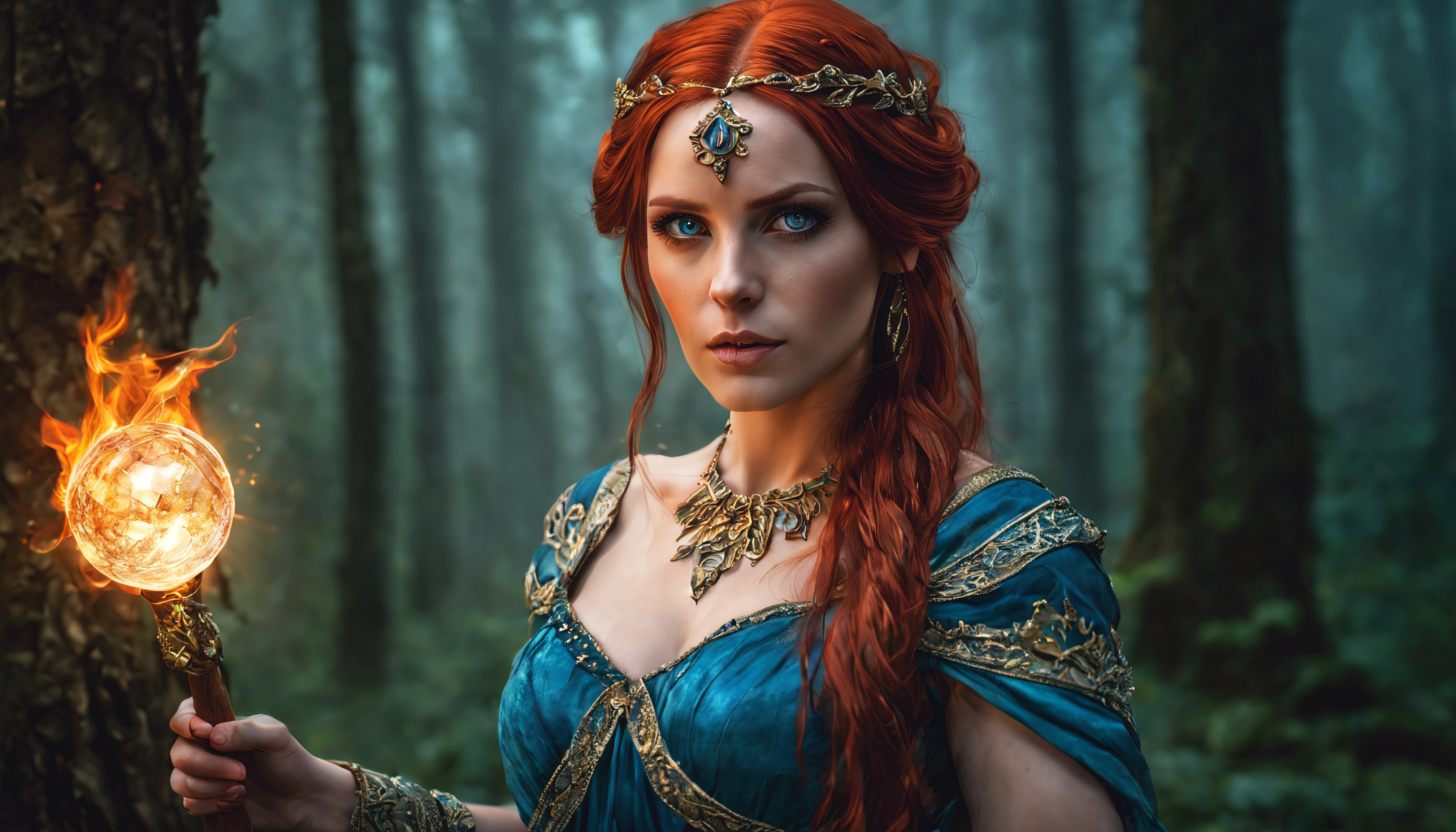 Triss Merigold does fire magic on her hands, best quality,highres,ultra-detailed,(realistic:1.37),beautiful detailed eyes,beautiful detailed lips,extremely detailed eyes and face,longeyelashes,(HDR:1.1),(vivid colors:1.1),(sharp focus:1.1),(physically-based rendering:1.1),portrait,sorceress,red hair,distinctive white streak,intricate gold jewelry,elven heritage,blue eyes,confident expression,fierce,standing in a magical forest,against a backdrop of ancient trees and mist,holding a wooden staff with glowing crystal orb on top,wearing a flowing dress made of shimmering fabric,soft sunlight filtering through the leaves,casting a warm and ethereal glow on her,eerie blue and purple hues surrounding her,illuminating her with a mystical aura.
