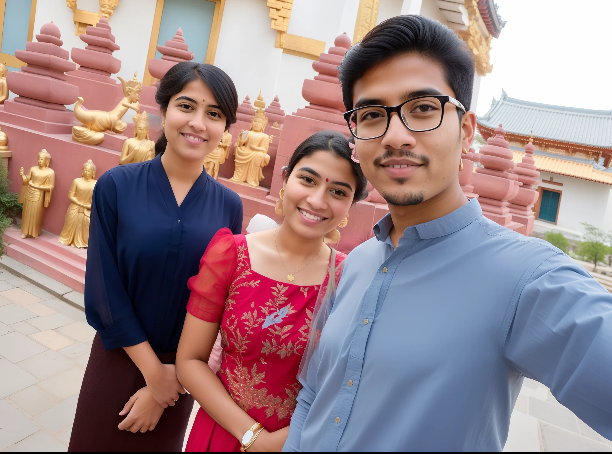 Il y a trois personnes debout ensemble en train de prendre un selfie, devant un temple, devant le temple, Photo prise en 2 0 2 0, dans un temple, une image, Nivanh Chanthara, mari femme et filles, Dans le style américain, Photo prise avec Canon 5D, image, Famille heureuse, boston