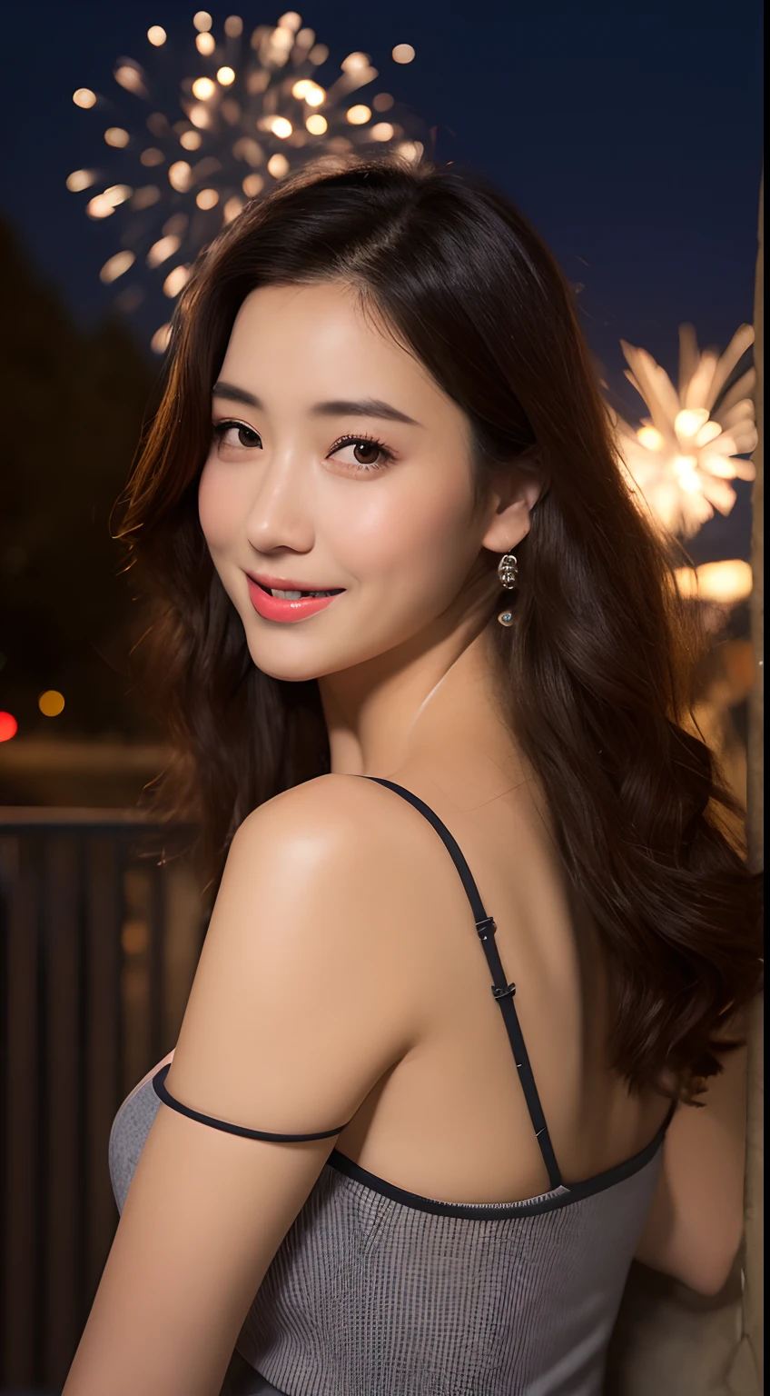 ((Night scene, Realistic light, Best quality, 8K, Masterpiece: 1.3)), 1 girl, Slim Body Beauty: 1.4, Brown hair, (: 1.3), Off-shoulder cut top: 1.3, hyperdetailed face, Detailed eyes, Double eyelids, Disneyland, fountain, Castle, Fireworks, Smile, cleavage, flabbiness
