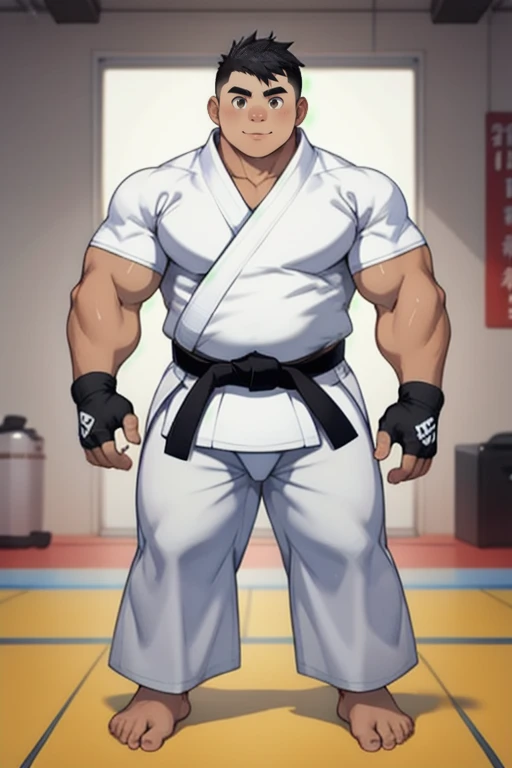 ((1boy_only, solo,  front-view, chibi:0.35)), (chubby:1.2, stocky:1.2, black_hair), ((white judo gi)), ((dougi)), barefoot, ((long pants)), (bara:1.4), (shota:0.35), buzz_cut, full body shot, ((cool, cute, awesome)), (fingerless gloves), (front_view), (chubby_face:0.8)