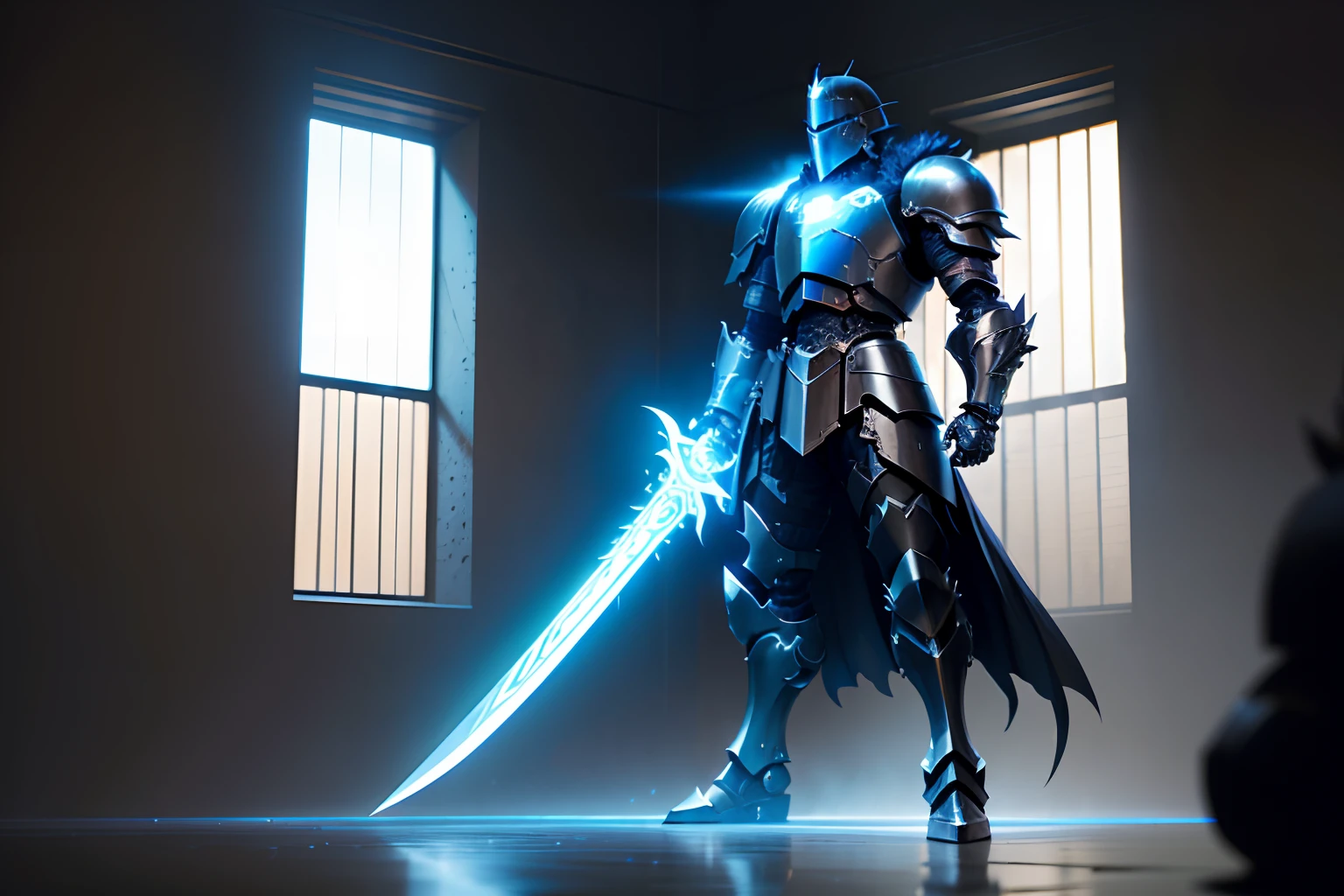 arafed knight in armor standing in a dark room with a sword, black fire color reflected armor, cyberpunk flame suit, berserk skullknight black armor, heavy metal armor, cybernetic flame armor, black heavy armor, corrupted armor, cybernetic fire armor, full body x-force outfit, heavy black obsidian armor, spiked scrap metal armor