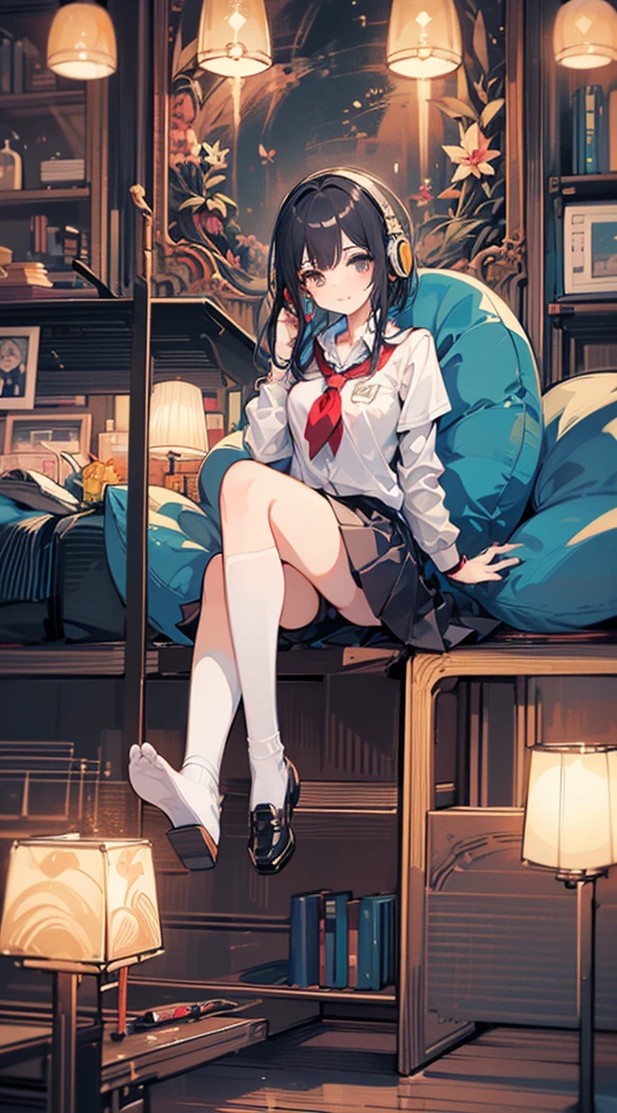 (Top quality illustrations:1.3)、(e litrl s:1.0)、(女の子1人:1.0)、(Short black hair:1.0)、(School Uniforms:1.0)、(full body Esbian:1.0)、(ultra-detailliert) 、17 age、Weheadphones、D-cups、
