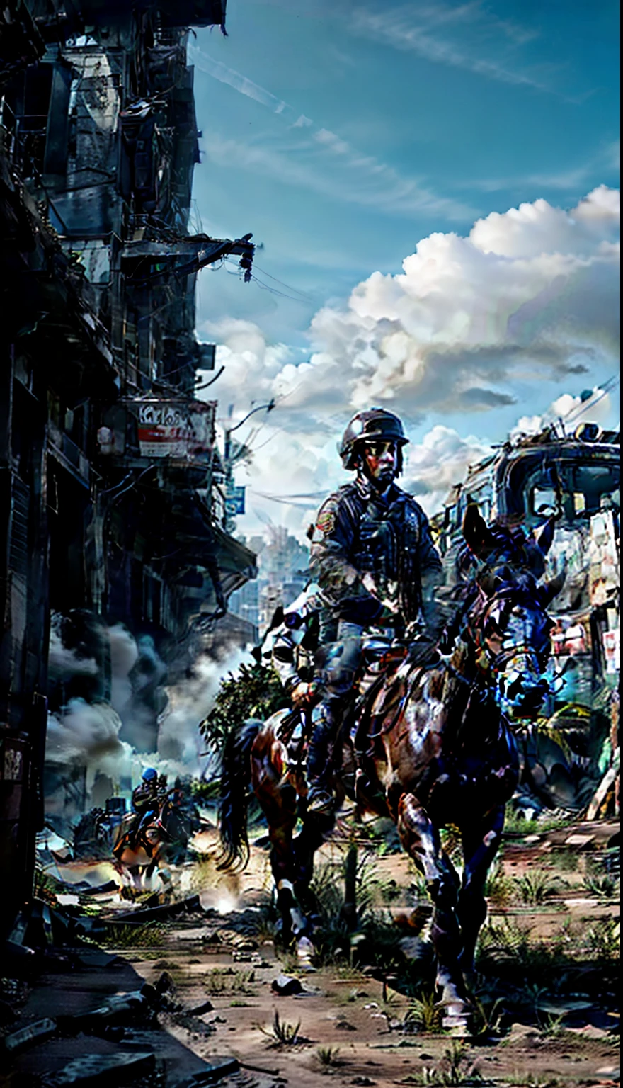 Policeman on horseback in a post-apocalyptic setting