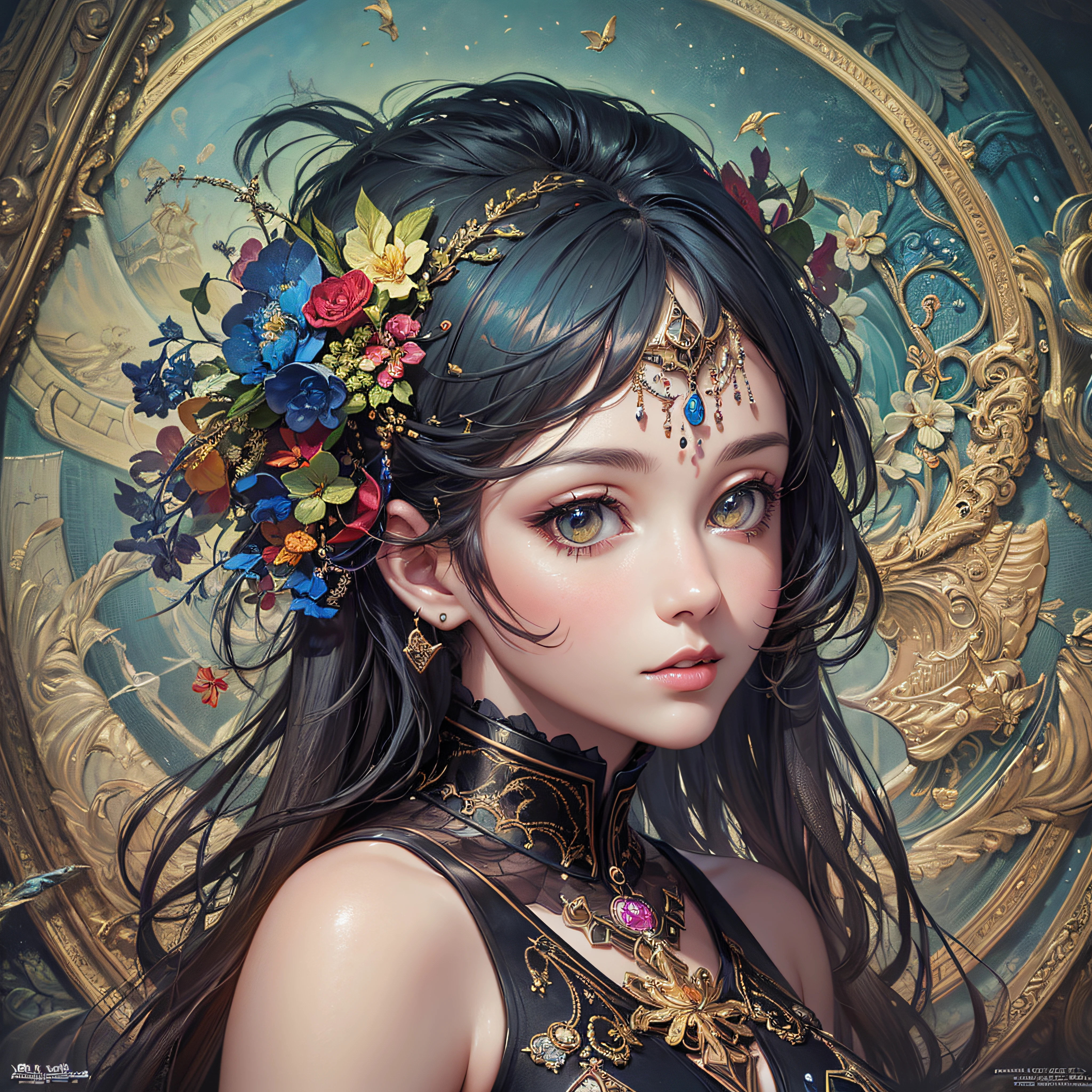 It depicts a beautiful woman surrounded by many large flowers., Stained glass, Highly detailed watercolor painting, (The style of Alfons Maria Mucha and Gustav Kirmut:1.3), Art Nouveau accents, Exiled Princess, Female figure, Detailed cover artwork, As the Flower Goddess, Alphonse Mucha, Gustav Klimt, Pale skin, Marble sculpture, society, Gothic art, Art Nouveau, Behance Contest Winner