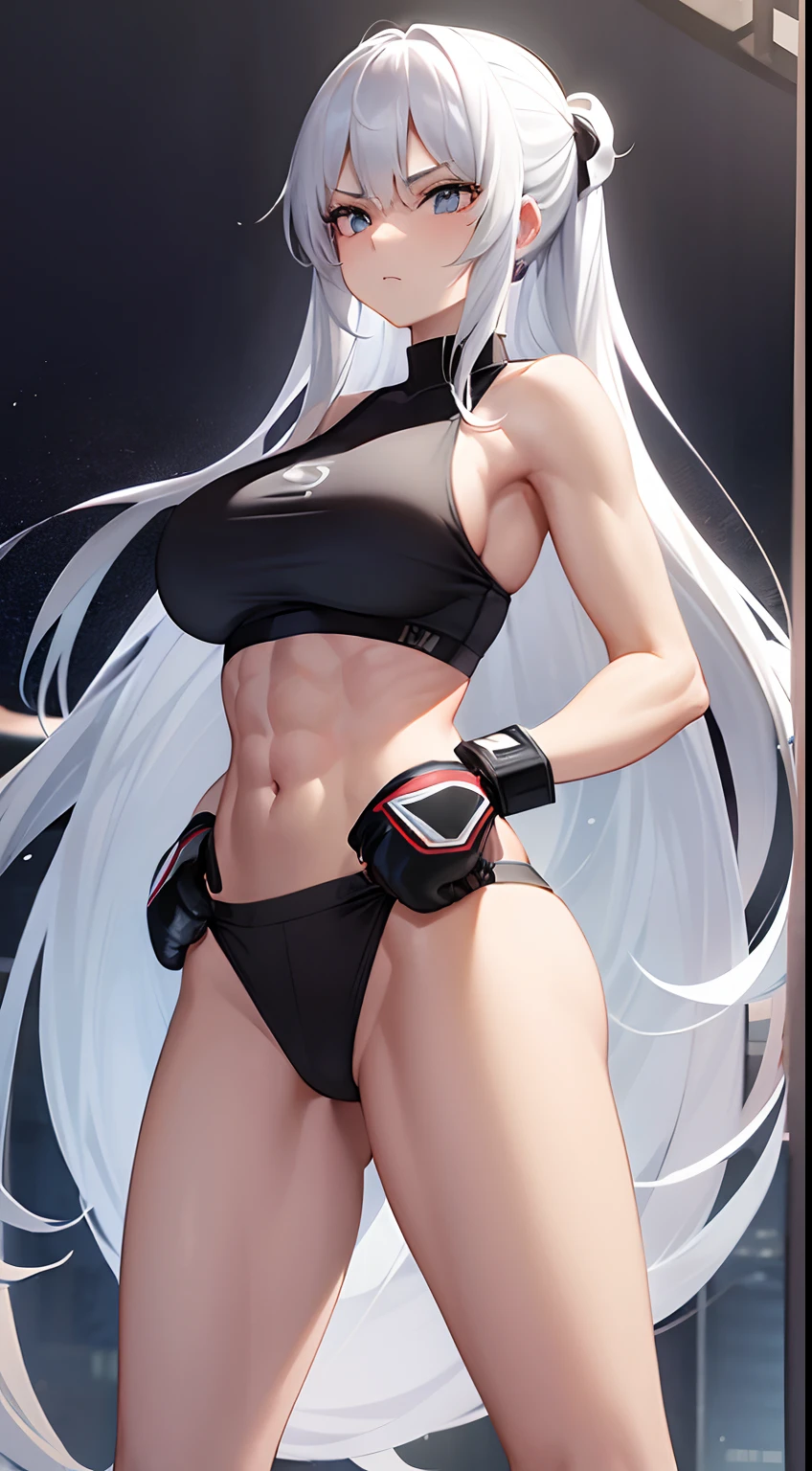 1 girl, long white hair, big breasts, sexy body, six pack abs, serious face, wearing boxing gloves, wearing a tank top