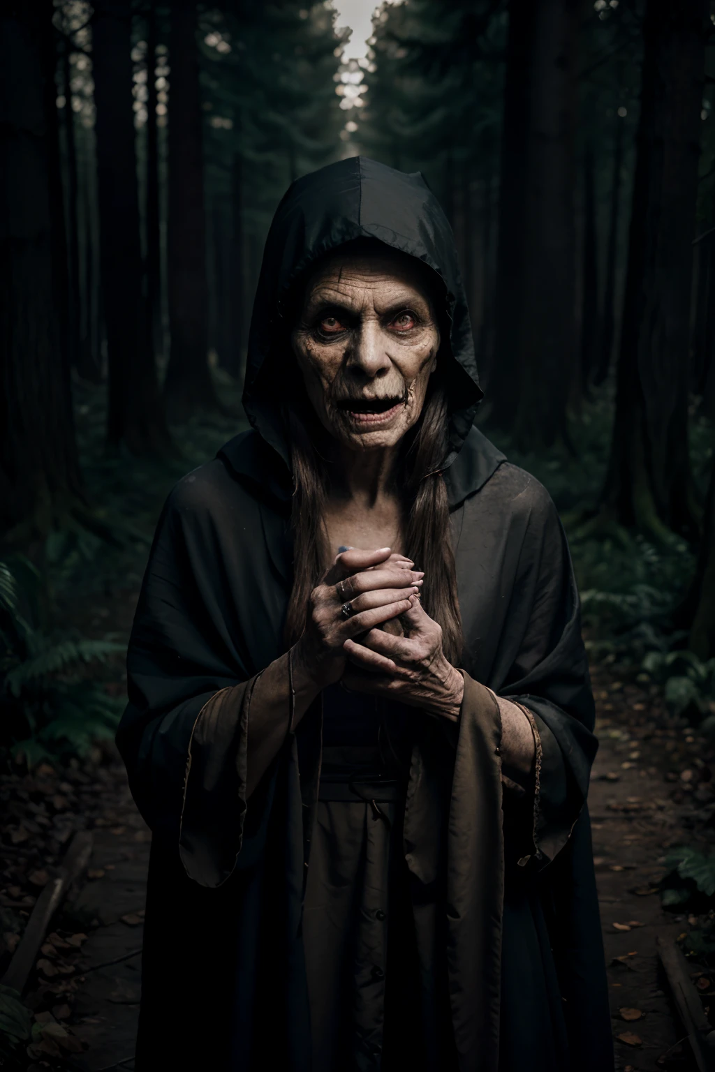 an eighty year old witch woman, very ugly and poorly dressed, wearing a hood with a scary face, alone in a forest at night invoking the spirit of an old prophet, realistic image in 4k