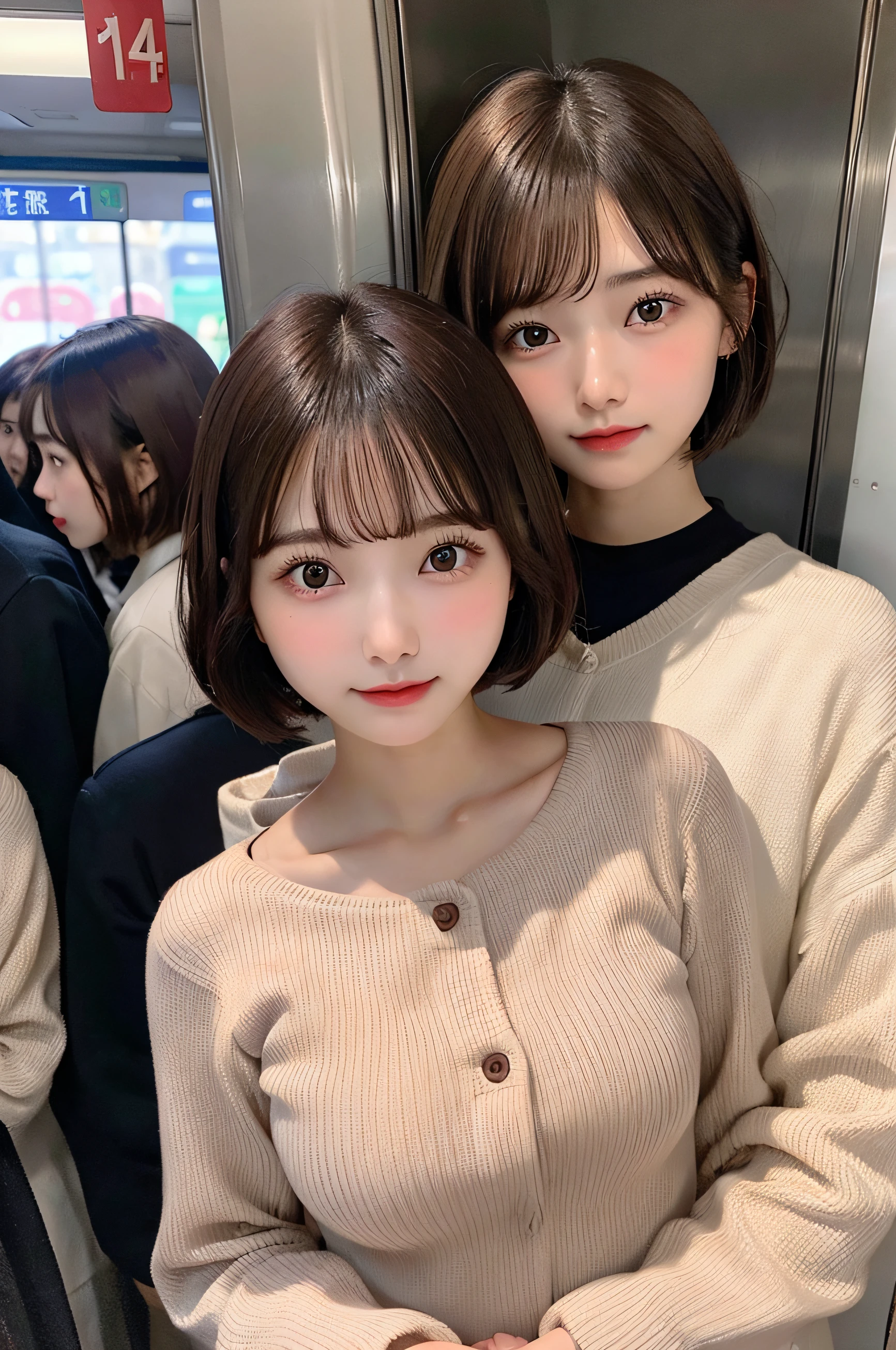 huge tit、g-cup、Height 145 cm、22year old、a 、with round face、japanes、Brown Bob Short Hair、Wearing a long-sleeved dress、Standing in front of me on a crowded train、I'm looking from above、Hands on chest