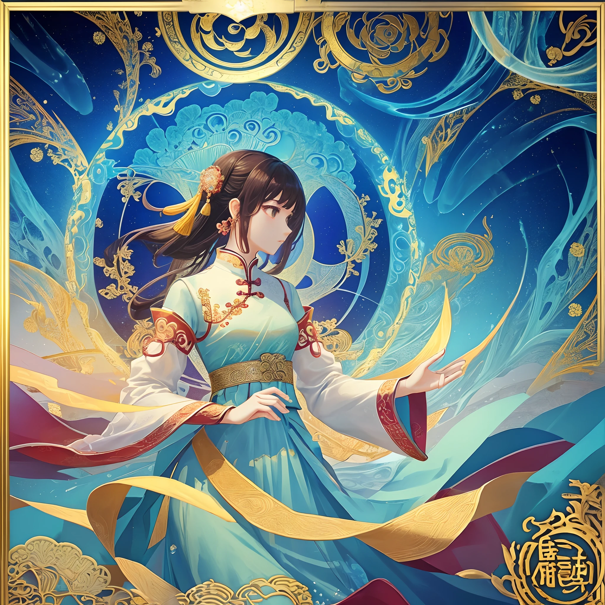 Chinese style、(masterpiece、top-quality、top-quality、Beautifully Aesthetic:1.2)、(1girl in:1.3)、(Fractal Art:1.3)、Pedras preciosas、Delicate clothes、Profile Upload、picture frame