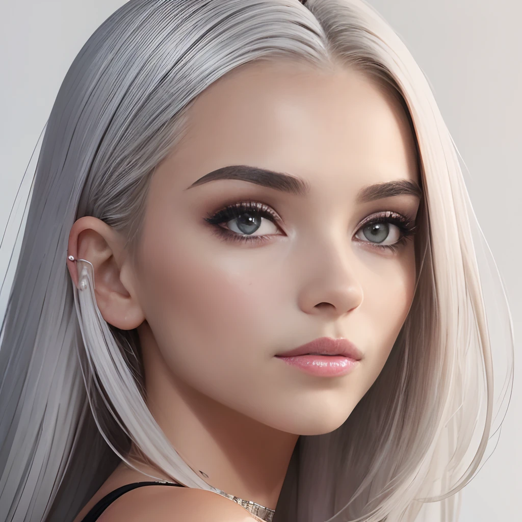 uma imagem de uma mulher jovem com cabelos platinados. Concentre-se principalmente no rosto, capturando cada detalhe delicado. Make sure that her face is perfectly symmetrical and that her skin is flawless, without any visible imperfections. Os cabelos platinados, com dredlocks, They should shine with a healthy, dazzling look. A imagem deve ser um retrato de busto, with the model looking directly at the camera, Conveying confidence and beauty. Por favor, Pay attention to the smallest details, ensuring that this image is a visual representation of perfection."