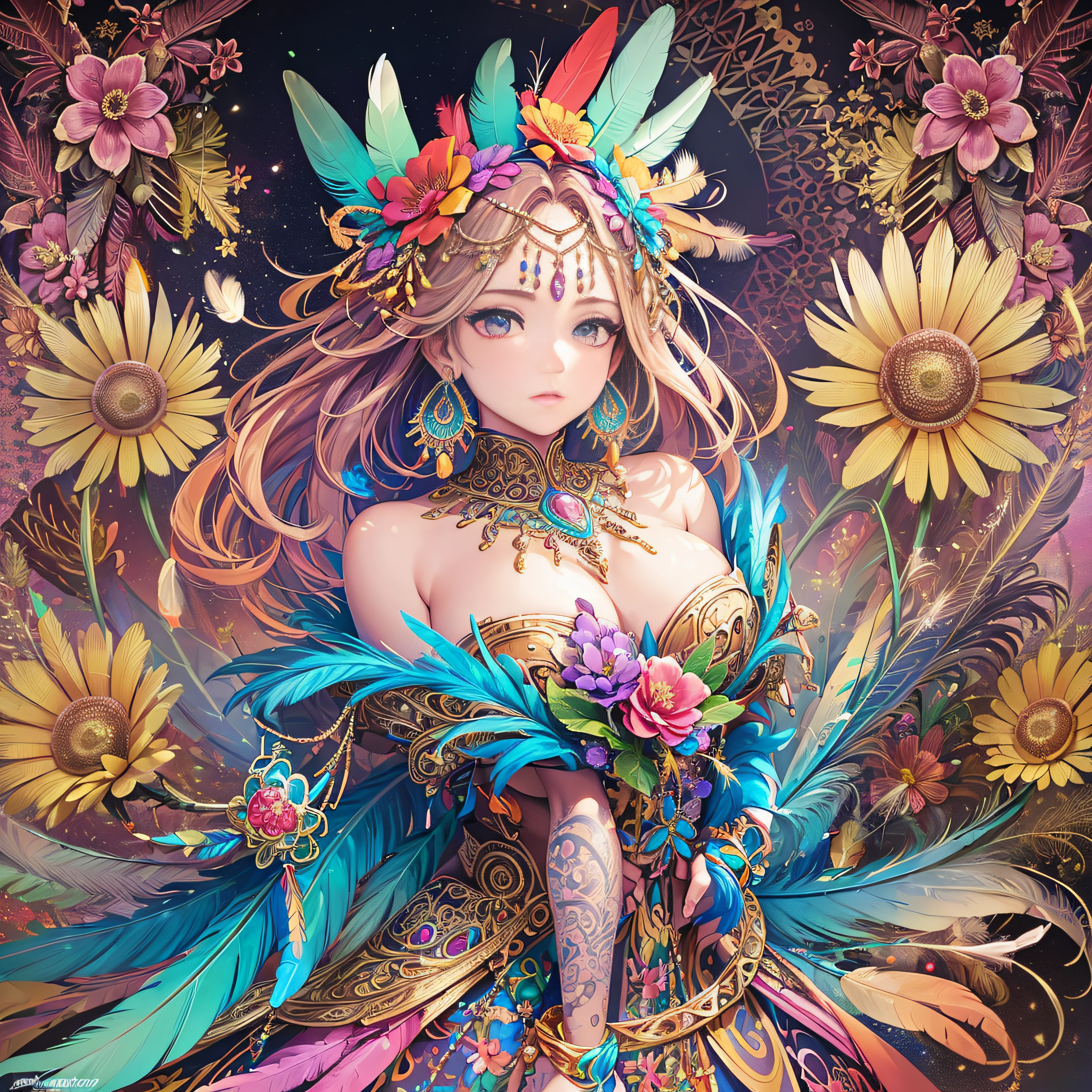 girl with, Big breasts, Bare shoulders, Blonde hair, colorful feather, metal ornaments, Colorful flowers, Particle, light, (masutepiece, of the highest quality, Best Quality, Official art, Beautiful and aesthetic:1.2), (1girl in:1.3), Extremely detailed, (Fractal Art:1.1), ( Colorful:1.1)(Flowers:1.3),highest details,(Zentangle:1.2), (Dynamic Pose), (Abstract background:1.3), (Shiny skin), (Many colors:1.4), (earrings:1.4), (Feathers:1.4), Full body image