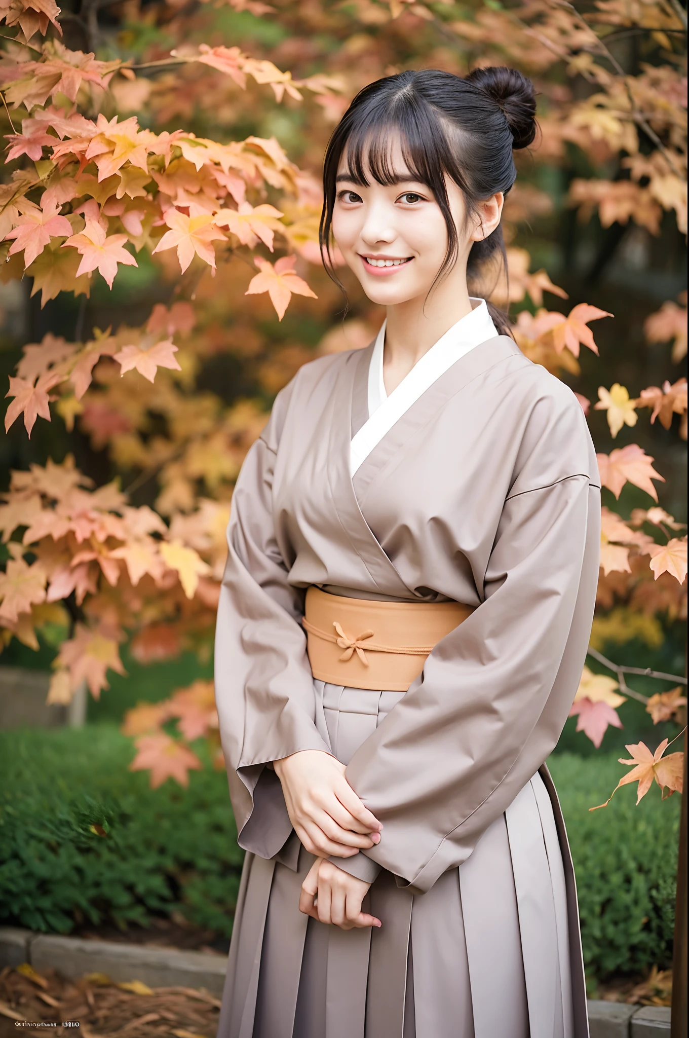 girl in old-Japan school yard with autumn leaves,very long sleeved floral hakama top and brown hakama bottom,white socks,string bow on hair,18-year-old,bangs,a little smiles,knees,low ponytail,from below