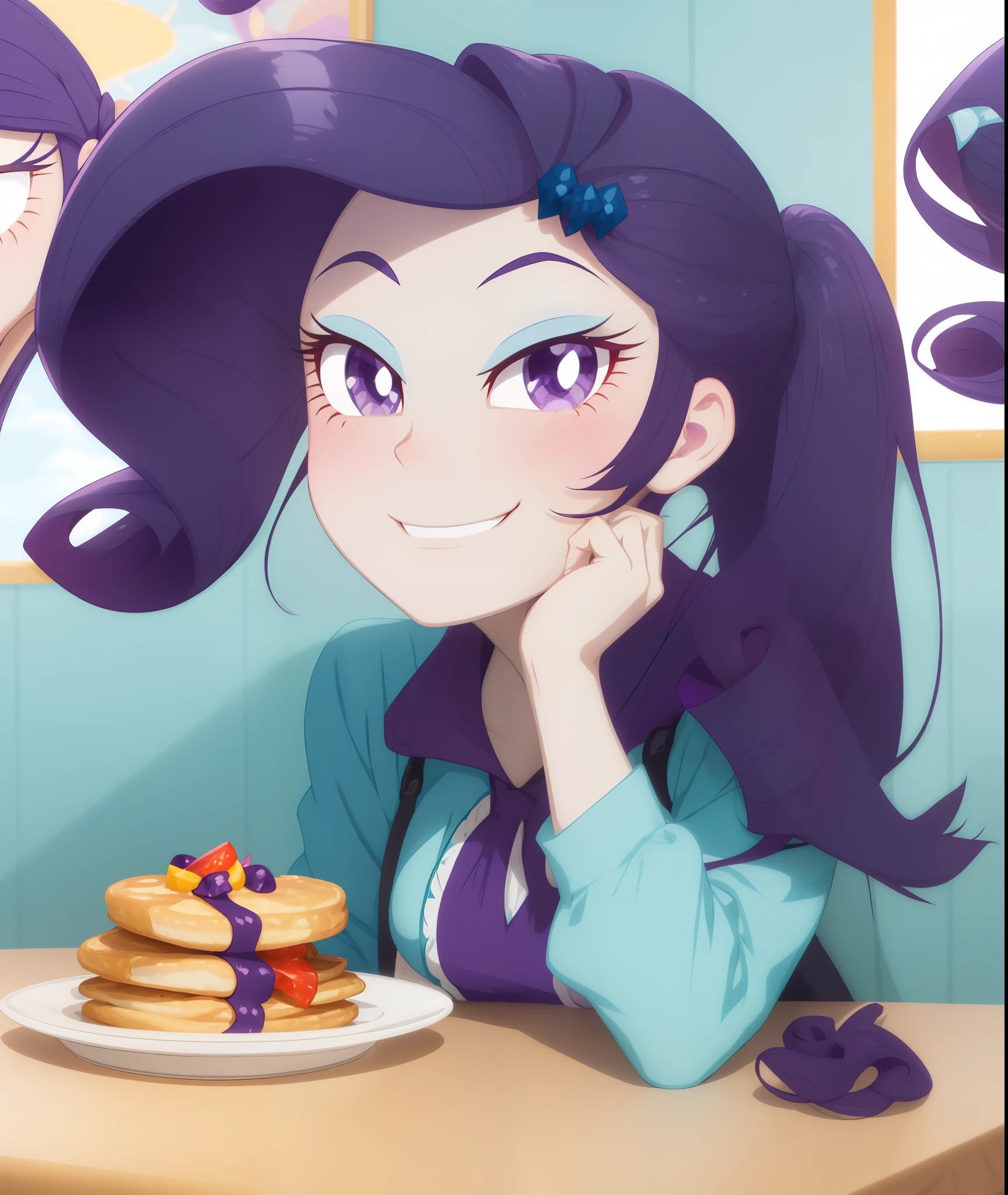 a close up of a cartoon girl sitting at a table with a plate of food, equestria, her hair is in a pony tail, nefarious smirk, she has purple hair, emo girl eating pancakes, she has two ponytails, mlp, purple eyes and white dress, anime style”, giddy smirk, sassy pose, fim still, proud smirk