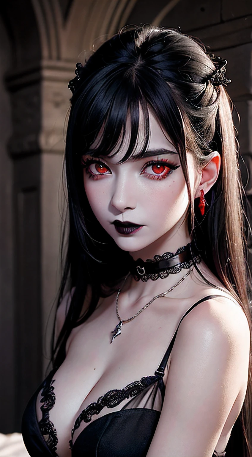 8k, masterpiece, best quality, photorealistic, raw photo, ultra high definition, 1 woman, ((red eyes:1.4)), long messy black hair, pale skin, deep blushing, medium breasts, very low cut sheer gown with lace trim, black lace choker with a diamond pendant, crawling on all fours on a bed, sad expression, head angled down, eyes looking at viewer, mouth open slightly, (black lipstick:1.4), medieval castle wall background