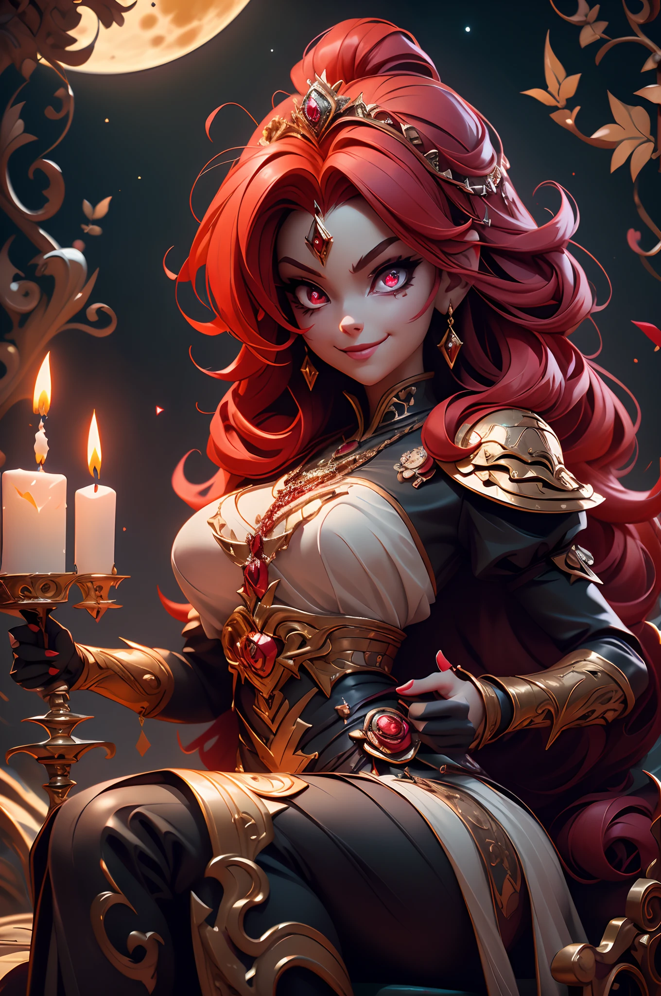 The Dark Princess of Blood-Eyed, Red hair, crown, Evil smile, Anime style, Lens flare, High detail, first person perspective, Cinematic lighting, Masterpiece, Super detail, Best quality, 8K, hyper HD,full bodyesbian,Sat down,Castle,waxy candles,(Background with:Round and large moon 1.6)