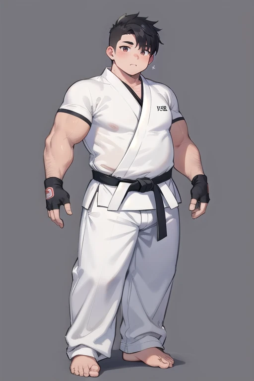 ((1boy_only, solo,  front-view, chibi:0.35)), (chubby:1.2, stocky:1.2, black_hair), ((white judo gi)), ((dougi)), barefoot, ((long pants)), (bara:1.4), (shota:0.35), buzz_cut, full body shot, ((cool, cute, awesome)), (fingerless gloves), (front_view), (chubby_face:0.8)