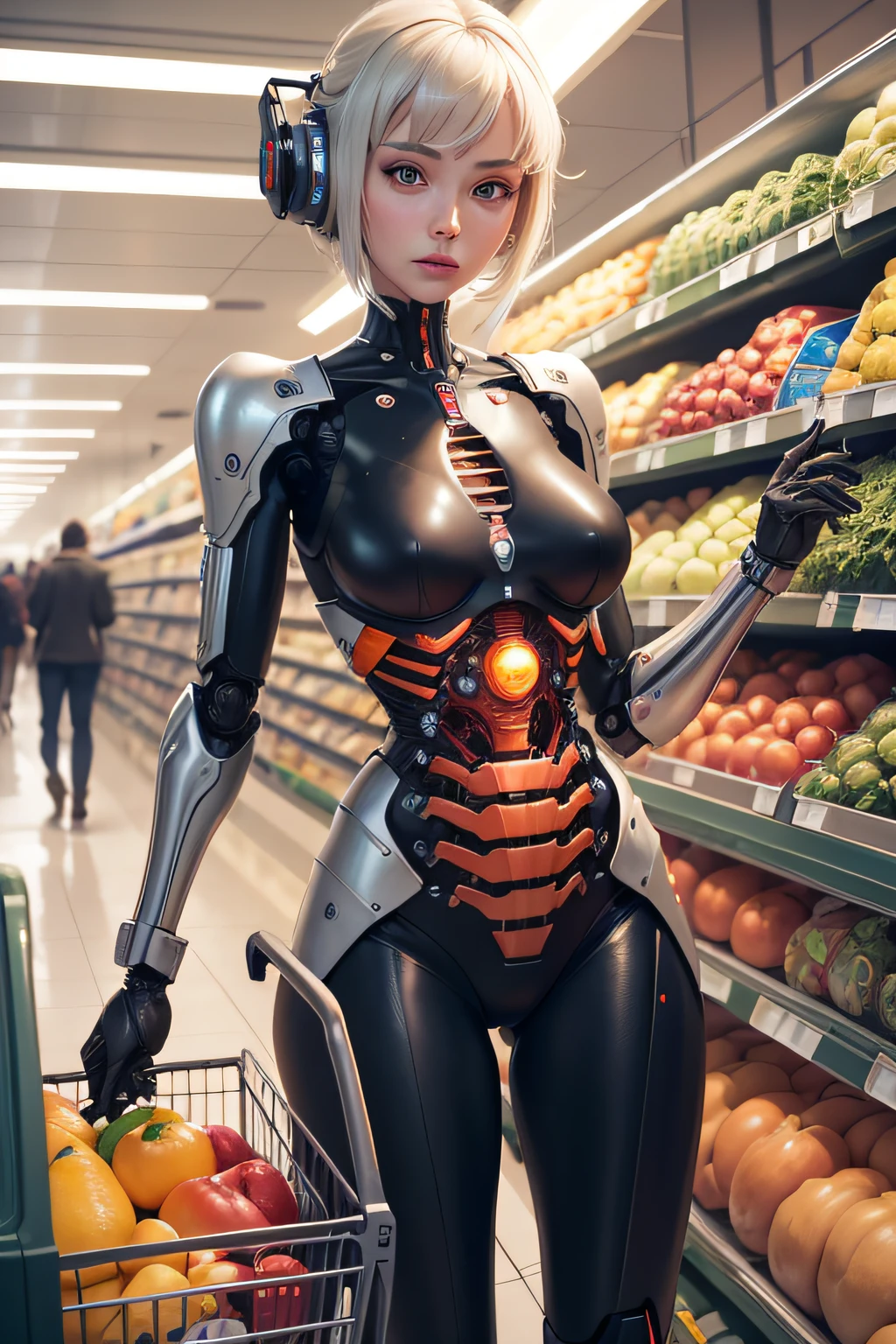 Female robot buying groceries at the grocery store Mechanical body Mechanical arm mechanical legs The background is the interior of a grocery store, nffsw, retinas, masutepiece, ccurate, Anatomically correct, Textured skin, Super Detail, high details, High quality, Best Quality, hight resolution
