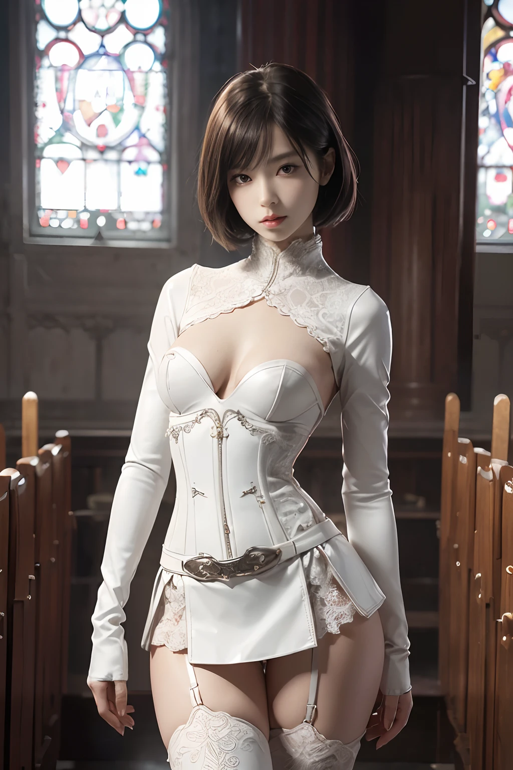 Japan maiden posing in pearl white leather tight skirt and corset,((small tits,well-shaped bust,slim body and constricted waist,,,,,,,,,)), (((Absolute front view))),  Long White Leather Boots,  lace decoration ,nippless,short hair of dark chestnut color,,,,,,,,,,,Inside the cathedral