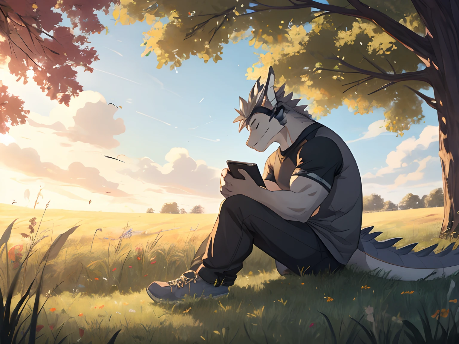 Masterpiece, Furry Gray Dragon, Muscular Body, Eyes Closed, Grey Medium Hair, Casual Set, Casual Clothes, Fierce, Good looking, Sad Expression, Sad Vibes, Sitting in Grass, Near Tree, Alone, Feeling the breeze wind, Afternoon, Listening To Music, Wearing Earphone, Field Background.